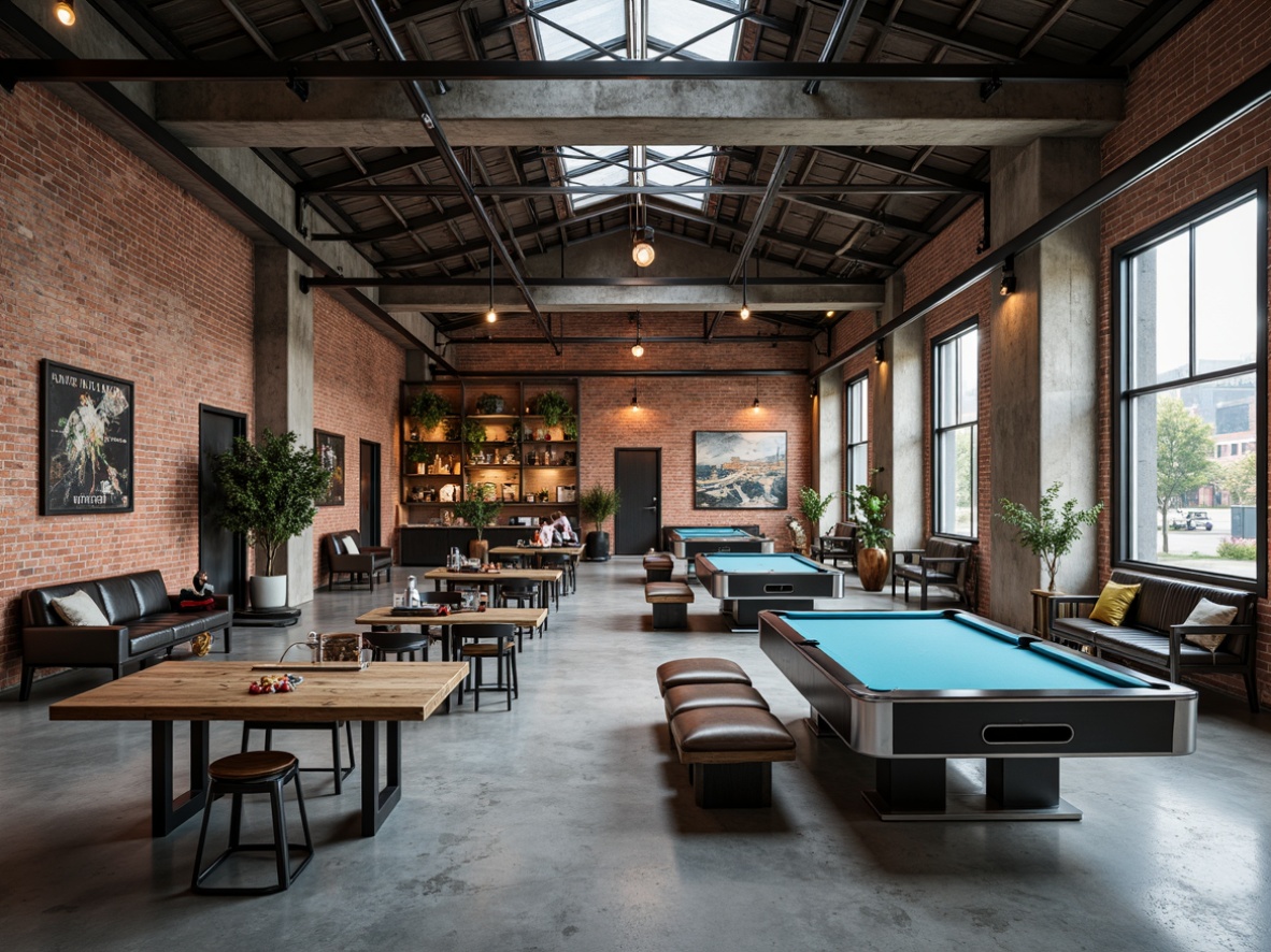 Prompt: Exposed brick walls, industrial metal beams, polished concrete floors, reclaimed wood accents, modern pool tables, sleek metal chairs, minimalist coffee tables, distressed leather sofas, vintage industrial lighting, Edison bulb pendants, urban loft atmosphere, raw concrete columns, metallic tone color scheme, overhead skylights, natural ventilation, open concept layout, functional decor, industrial-chic aesthetic, steel frame windows, rustic wooden benches, aquatic blue hues, soft ambient lighting, 3/4 composition, realistic textures, ambient occlusion.