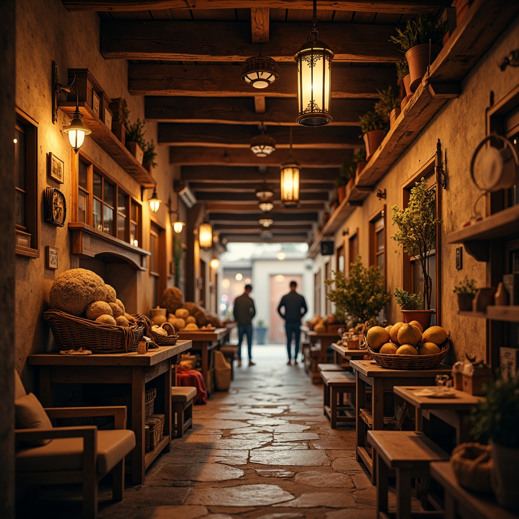 Prompt: Warm traditional market interior, rustic wooden beams, vintage lanterns, soft warm lighting, golden chandeliers, ornate metal fixtures, rich textiles, woven baskets, earthy tones, natural stone flooring, distressed wood accents, cozy nooks, intimate seating areas, warm color palette, ambient glow, shallow depth of field, 1/1 composition, realistic textures, subtle shadows.