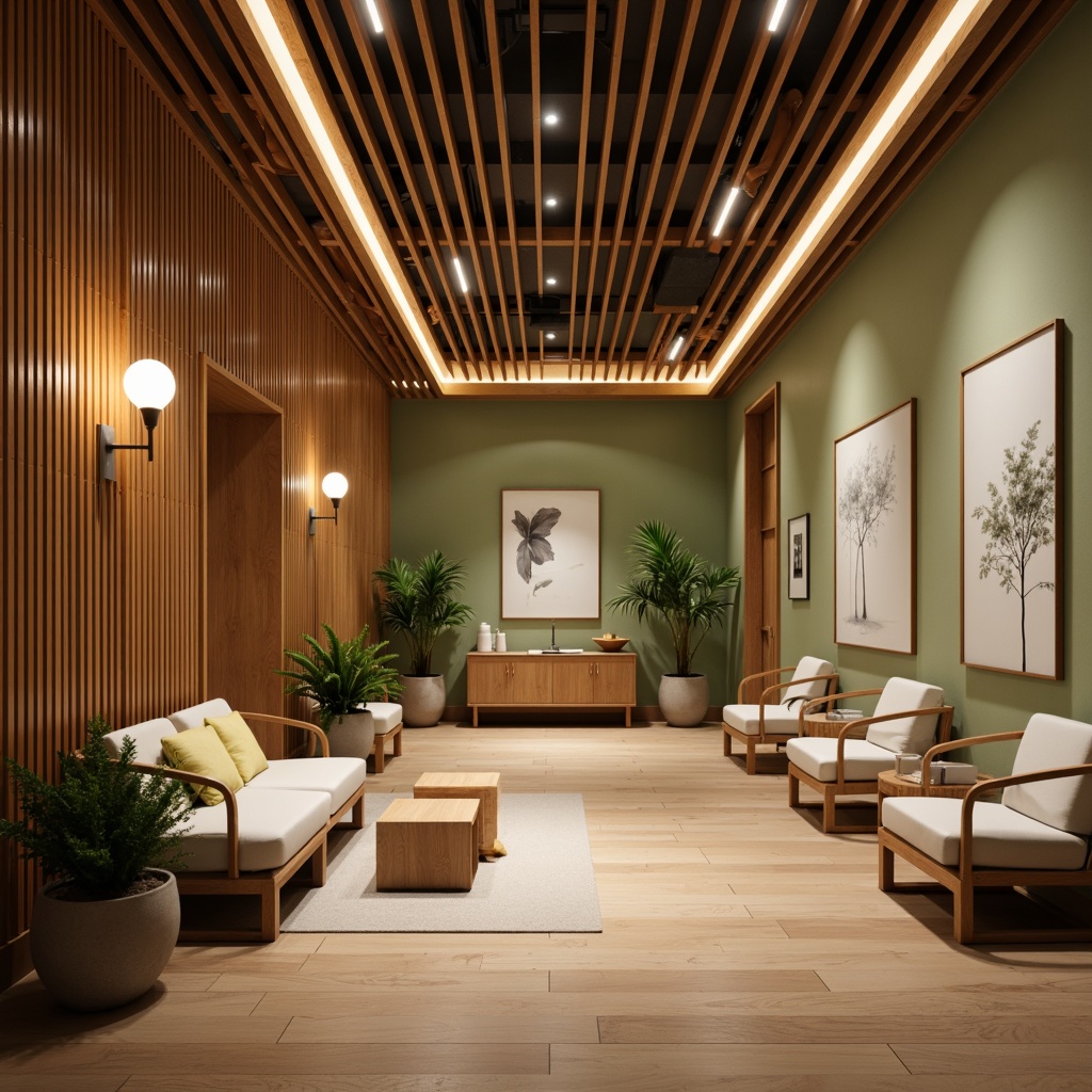 Prompt: Warm clinic interior, natural materials, earthy tones, wooden accents, soft warm lighting, indirect illumination, LED light strips, pendant lamps, gentle shadows, calm ambiance, minimal decorative elements, functional furniture, clean lines, minimalist design, subtle color scheme, calming artwork, serene waiting area, comfortable seating, green walls, living plants, airy atmosphere, shallow depth of field, 1/1 composition, soft focus, realistic textures.