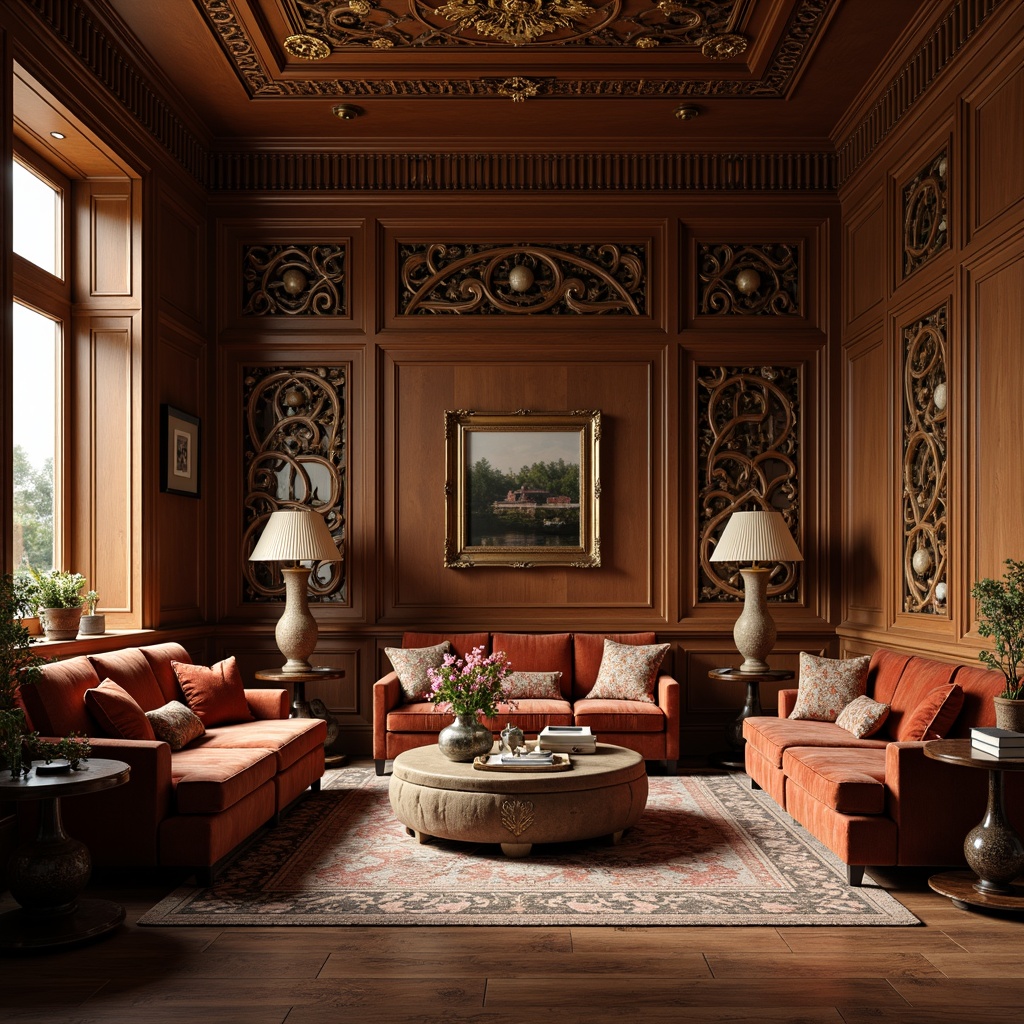 Prompt: Elegant living room, rich wood tones, ornate furnishings, velvet upholstery, antique vases, carved wooden panels, luxurious fabrics, intricate patterns, refined lines, subtle curves, soft warm lighting, golden accents, classic proportions, symmetrical composition, 1/1 aspect ratio, realistic textures, ambient occlusion.