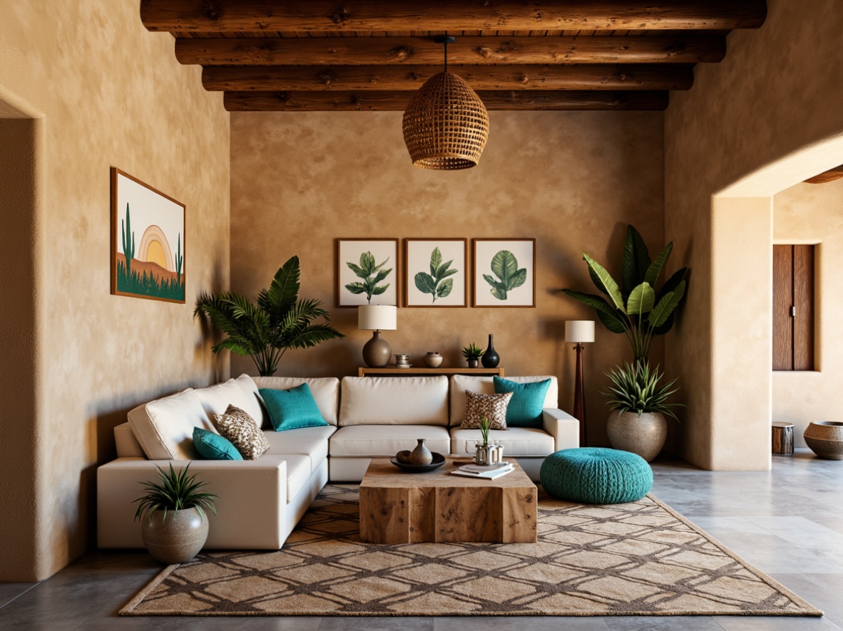 Prompt: Earthy Southwestern style apartments, textured walls with stucco finish, warm beige colors, rustic wooden accents, cozy living rooms, plush sectional sofas, vibrant turquoise decorations, geometric patterned rugs, natural fiber textiles, woven basket light fixtures, reclaimed wood coffee tables, desert botanical prints, sun-kissed adobe architecture, warm golden lighting, shallow depth of field, 1/1 composition, realistic textures, ambient occlusion.