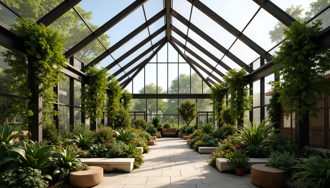 Prompt: Bauhaus-style greenhouse, angular steel frame, transparent glass roof, abundant natural light, lush greenery, vibrant tropical plants, organic shapes, minimalist decor, industrial materials, exposed ductwork, functional simplicity, warm earthy tones, soft diffused lighting, 1/1 composition, shallow depth of field, realistic textures, ambient occlusion.