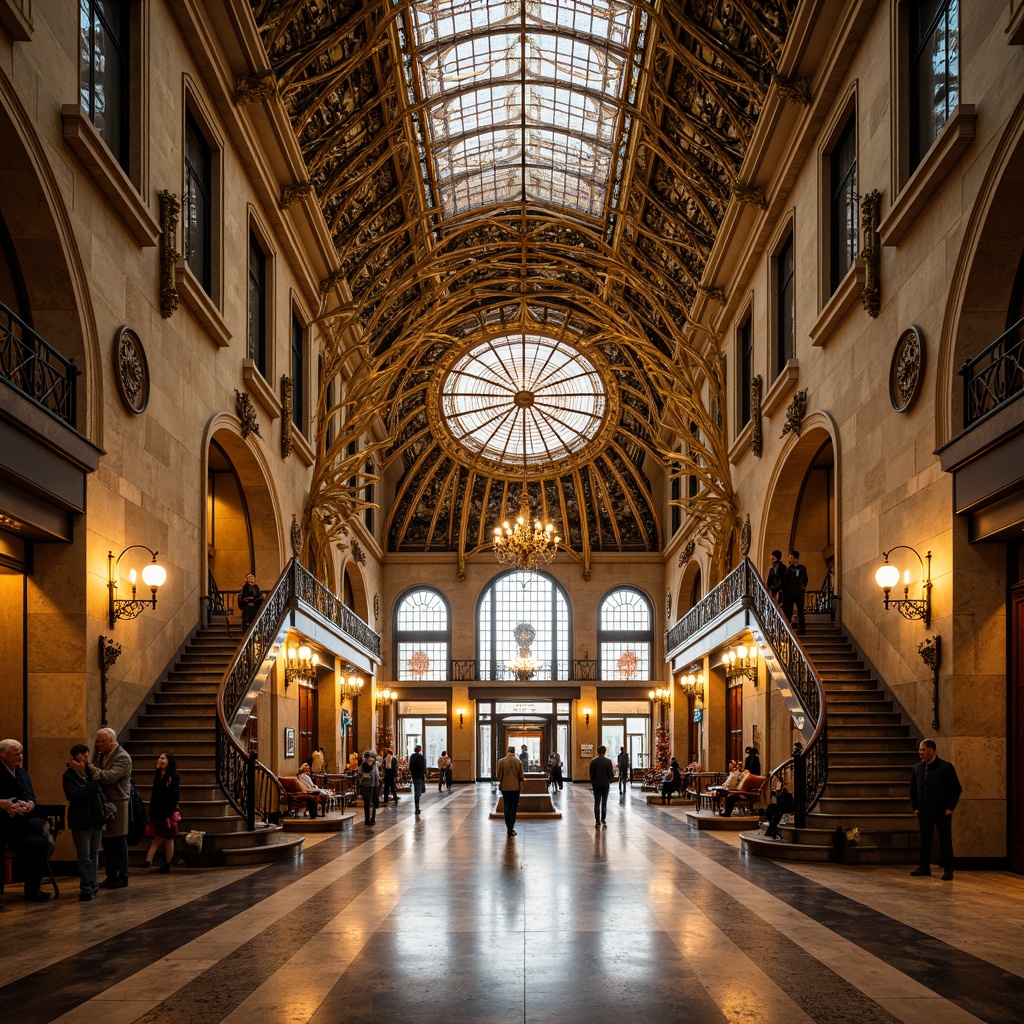 Prompt: Ornate metro station, grand entrance arches, intricately patterned ironwork, flowing organic lines, sinuous curves, stained glass ceilings, mosaicked walls, ornamental lamps, bronze fixtures, marble floors, elegant staircases, sweeping balconies, subtle Art Nouveau motifs, warm golden lighting, soft focus, 1/1 composition, symmetrical framing, realistic materials, ambient occlusion.