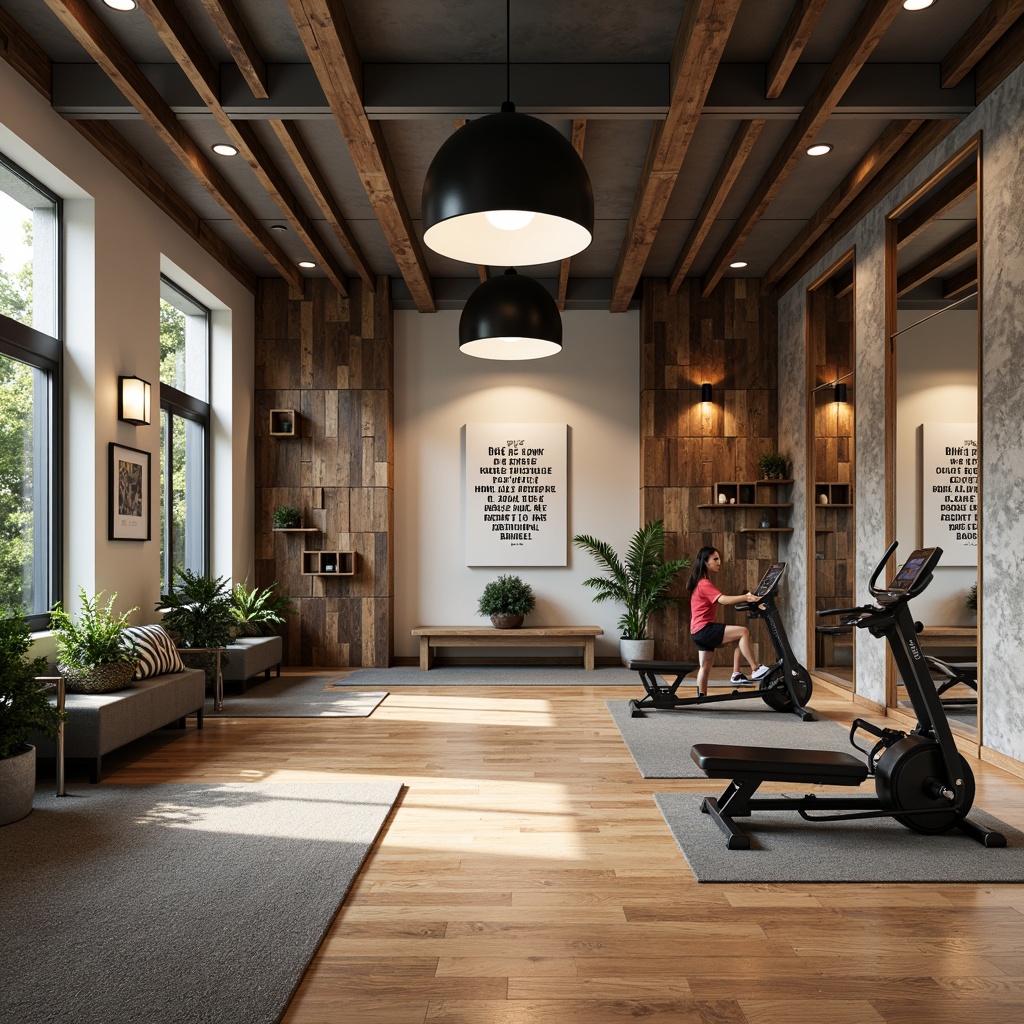 Prompt: Vibrant home gym, sleek exercise equipment, mirrored walls, polished wooden floors, motivational quotes, inspirational artwork, plants with green leaves, natural stone accents, industrial-chic metal beams, reclaimed wood decorative panels, modern minimalist lighting fixtures, soft warm color scheme, textured area rugs, floor-to-ceiling windows, abundant natural light, calming atmosphere, 1/2 composition, realistic textures, subtle ambient occlusion.