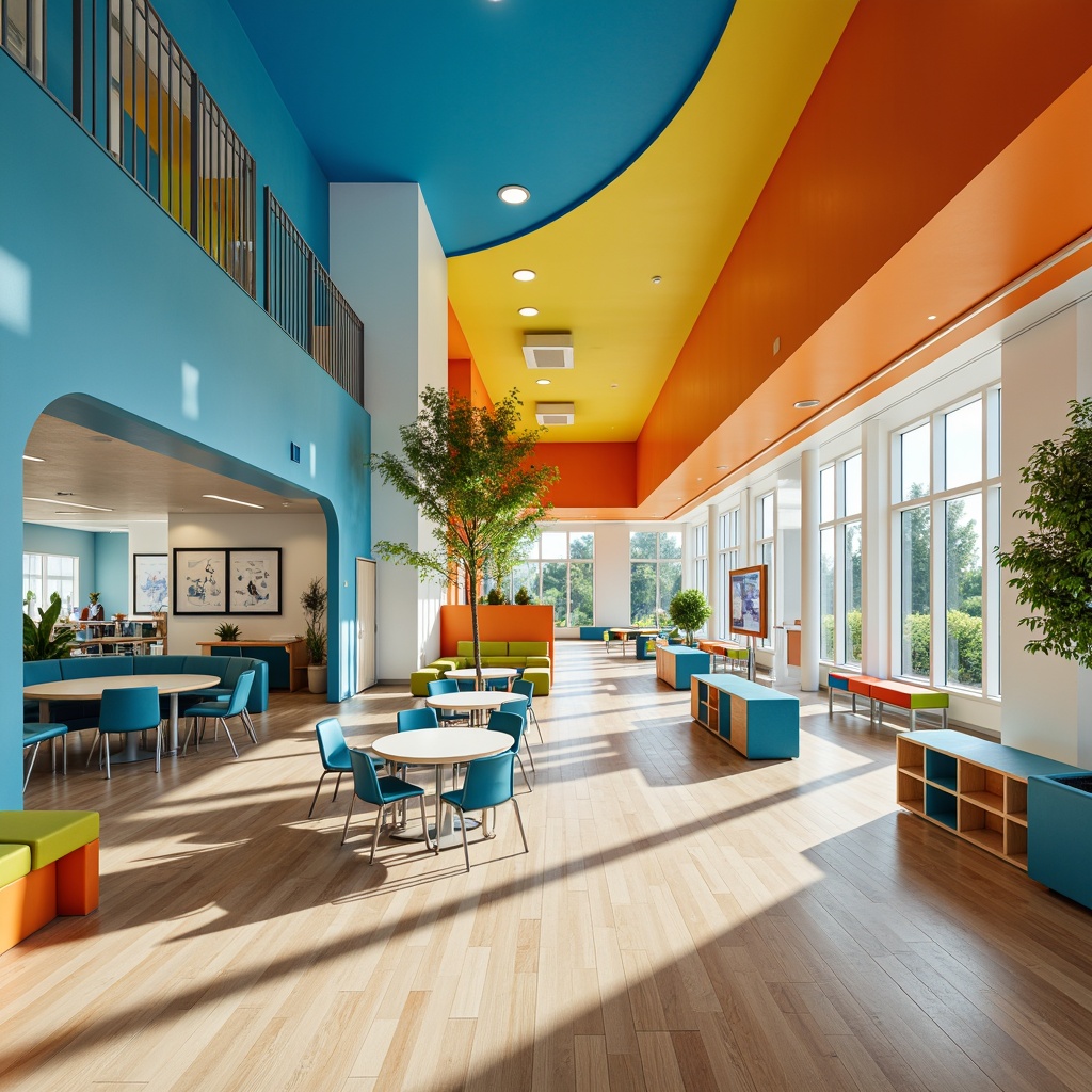 Prompt: Vibrant elementary school, curved lines, modern architecture, bright color scheme, calming blue walls, warm yellow accents, energetic orange corridors, playful green classrooms, sleek metal railings, polished wooden floors, minimalist furniture, natural light-filled hallways, airy open spaces, educational graphics, interactive whiteboards, stimulating art installations, collaborative learning areas, flexible seating arrangements, softbox lighting, shallow depth of field, 3/4 composition, panoramic view, realistic textures, ambient occlusion.