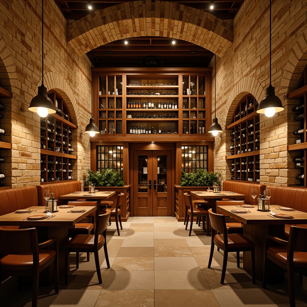 Prompt: Rustic wine cellar, wooden barrel tables, vintage metal lanterns, warm ambient lighting, soft glowing pendant lights, natural stone walls, earthy color palette, reclaimed wood shelving, dimmable track lighting, spotlight on wine bottles, rich leather armchairs, brick archways, wrought iron decor, ornate wooden doors, dramatic ceiling height, cozy nooks, intimate seating areas, warm beige tones, soft golden lighting, 1/1 composition, shallow depth of field, realistic textures.