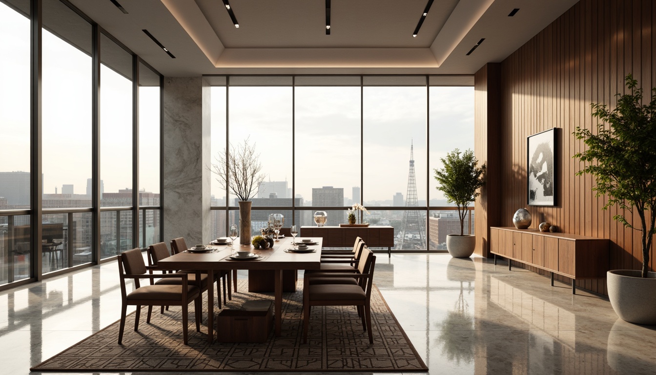 Prompt: Streamlined modern dining room, minimalist decor, sleek wooden furniture, polished marble floors, geometric patterned rugs, metallic accents, floor-to-ceiling windows, cityscape views, urban skyline, warm ambient lighting, softbox shadows, 1/1 composition, realistic reflections, subtle color grading, rich wood tones, luxurious velvet fabrics, elegant glassware, sophisticated metalwork, abstract artwork, neutral color palette.