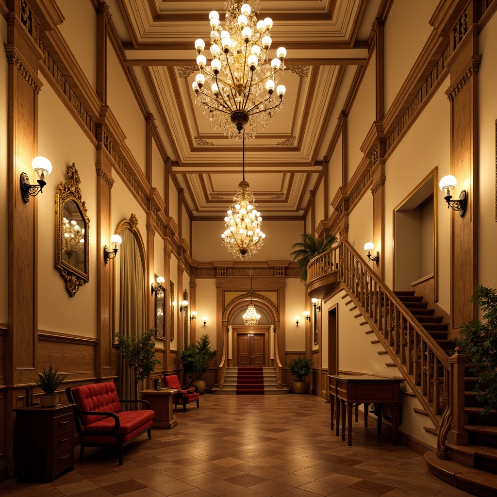 Prompt: Warm chandelier lighting, ornate ceiling fixtures, soft warm glow, cream-colored walls, rich wood paneling, classic furniture pieces, plush velvet upholstery, intricate moldings, grand staircases, high ceilings, elegant archways, ornate mirrors, subtle shadows, gentle highlights, 1/1 composition, shallow depth of field, realistic textures, ambient occlusion.