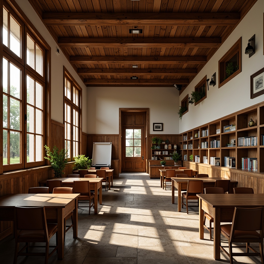 Prompt: Rustic wooden school building, exposed beam ceilings, wooden desks, comfortable leather chairs, earthy tone color scheme, natural stone floors, wooden cabinets, decorative trims, cozy reading nooks, wooden shelves, vintage-inspired lighting fixtures, warm soft lighting, shallow depth of field, 1/2 composition, realistic wood textures, ambient occlusion, serene atmosphere, peaceful learning environment.