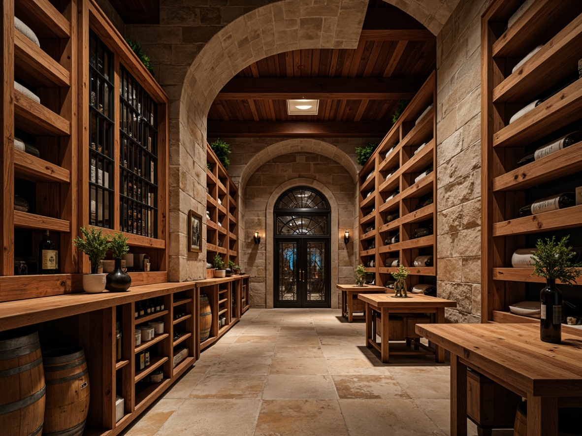 Prompt: Rustic wine cellar, wooden shelving units, reclaimed wood accents, stone walls, dimmed warm lighting, rich wood tones, elegant metalwork, ornate iron doors, vintage wine barrels, glass-enclosed wine displays, wooden crates, earthy color palette, natural stone flooring, arched ceiling, craftsman-style trim work, decorative woodworking details, soft ambient lighting, shallow depth of field, 2/3 composition, realistic textures, atmospheric rendering.