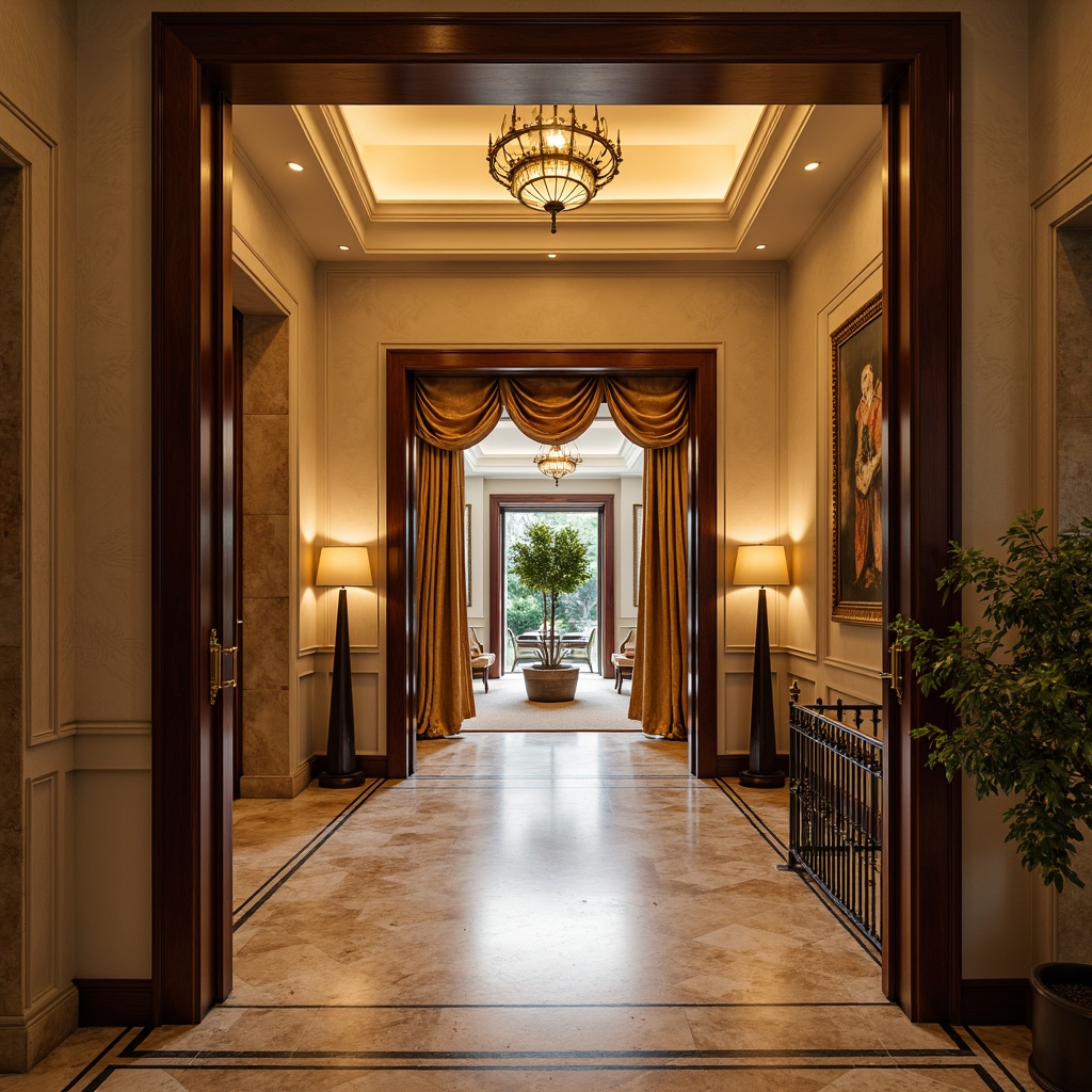 Prompt: Inviting entrance, warm golden lighting, rich wooden doors, elegant door handles, polished marble floors, luxurious velvet drapes, sophisticated neutral tones, earthy brown stones, cream-colored walls, ornate metal railings, grand chandelier, spacious foyer, high ceilings, refined ambiance, subtle sheen, atmospheric perspective, 1/2 composition, soft focus effect.