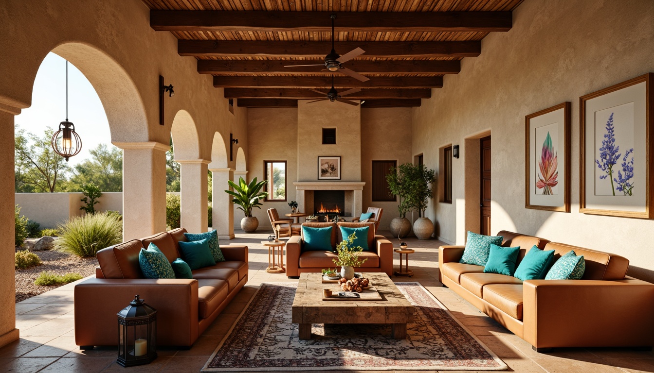 Prompt: Southwestern adobe style interior, earthy tones, natural materials, woven textiles, rustic wood accents, turquoise decorative accessories, vibrant patterned rugs, leather sofas, chunky wooden coffee tables, pendant lanterns, warm beige stucco walls, clay tile flooring, arched windows, Spanish-inspired archways, lush greenery, desert botanical prints, warm golden lighting, shallow depth of field, 1/1 composition, realistic textures.