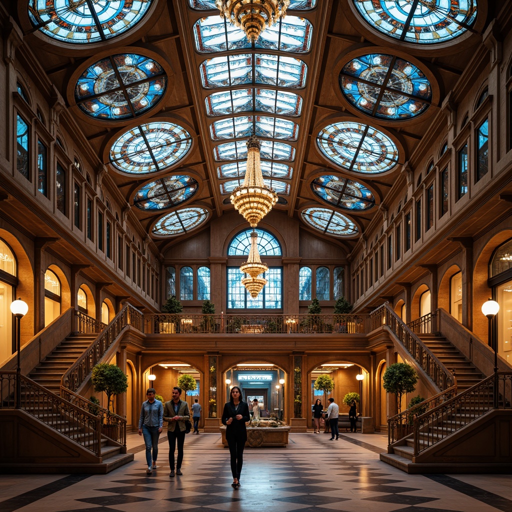 Prompt: Grandiose metro station, ornate Art Nouveau architecture, flowing curves, organic forms, intricate ironwork, stained glass windows, vibrant mosaics, ornamental railings, decorative archways, lavish chandeliers, elegant staircases, rich wood paneling, opulent marble floors, subtle ambient lighting, warm color palette, dramatic depth of field, 1/2 composition, symmetrical framing, high dynamic range, realistic reflections, detailed textures.