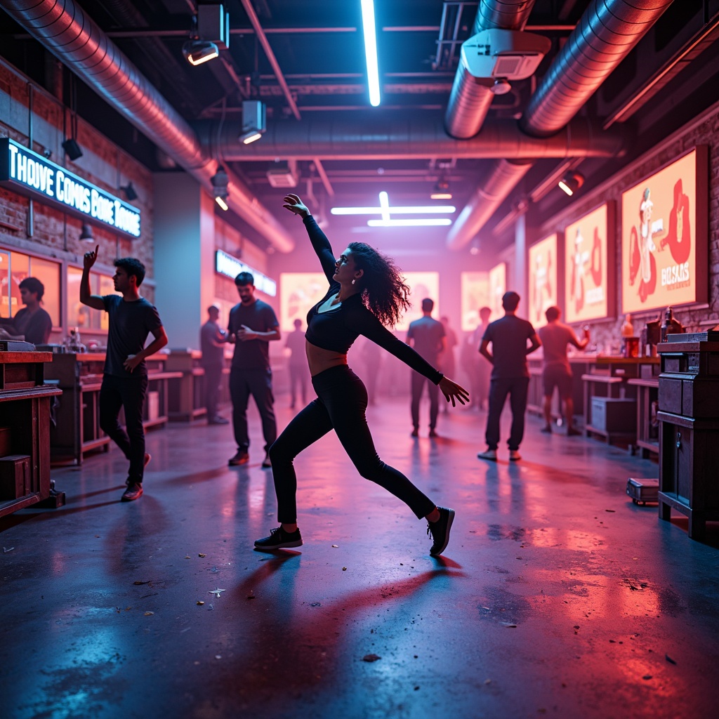 Prompt: Vibrant dance studio, dynamic movement, energetic atmosphere, bold colors, bright accents, gradient transitions, fluid shapes, abstract patterns, urban cityscape, concrete floors, metallic equipment, modern lighting, neon signs, warm glowing tones, soft focus blur, cinematic depth of field, 1/2 composition, wide-angle lens, realistic reflections, subtle ambient occlusion.