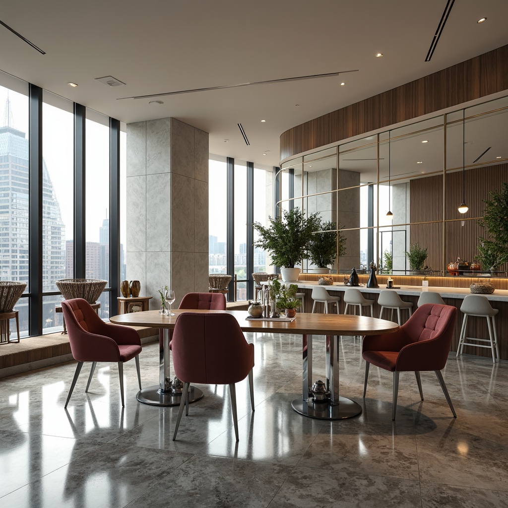 Prompt: Streamlined Moderne dining room, polished chrome legs, rectangular wooden tables, tufted velvet upholstery, curved-back chairs, minimalist pendant lights, marble flooring, neutral color palette, elegant wall mirrors, floor-to-ceiling windows, cityscape views, natural daylight, softbox lighting, 1/1 composition, realistic reflections, ambient occlusion.