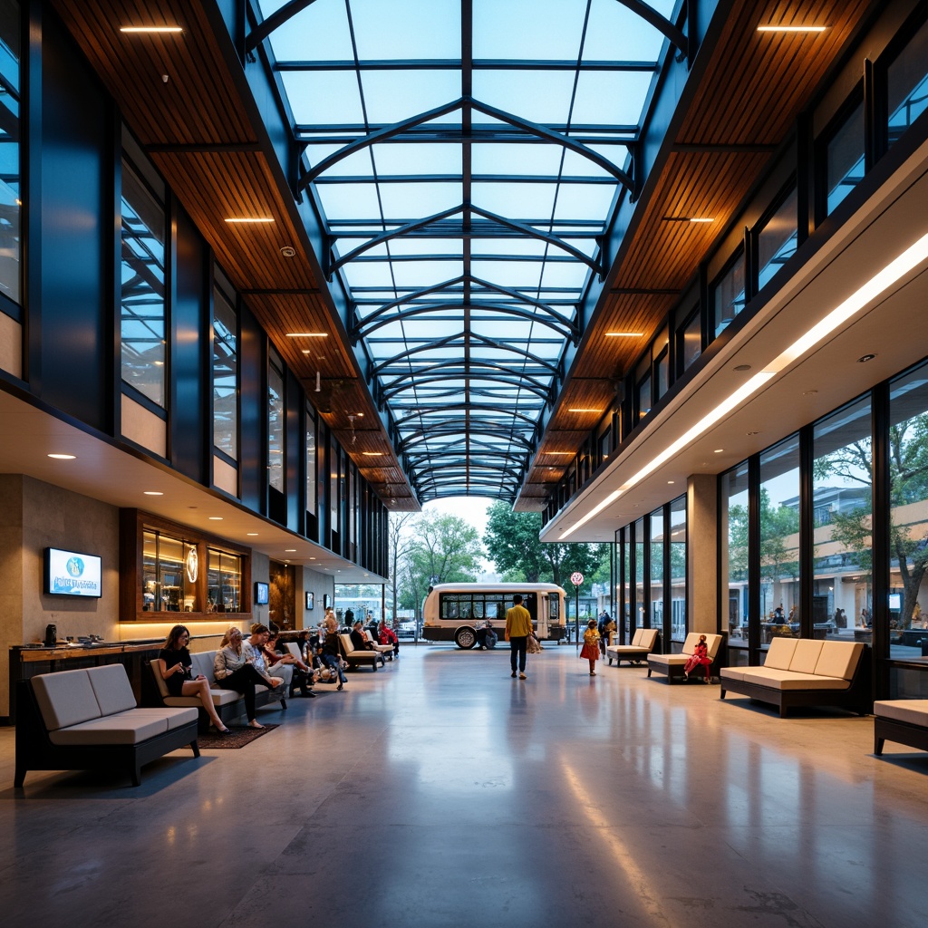 Prompt: Modern bus station interior, sleek metal framework, vibrant LED lighting, warm ambient glow, suspended ceiling fixtures, energy-efficient lamps, minimalist design, comfortable seating areas, polished granite floors, stainless steel handrails, large windows, natural daylight, soft diffused light, 3/4 composition, shallow depth of field, realistic textures, ambient occlusion.