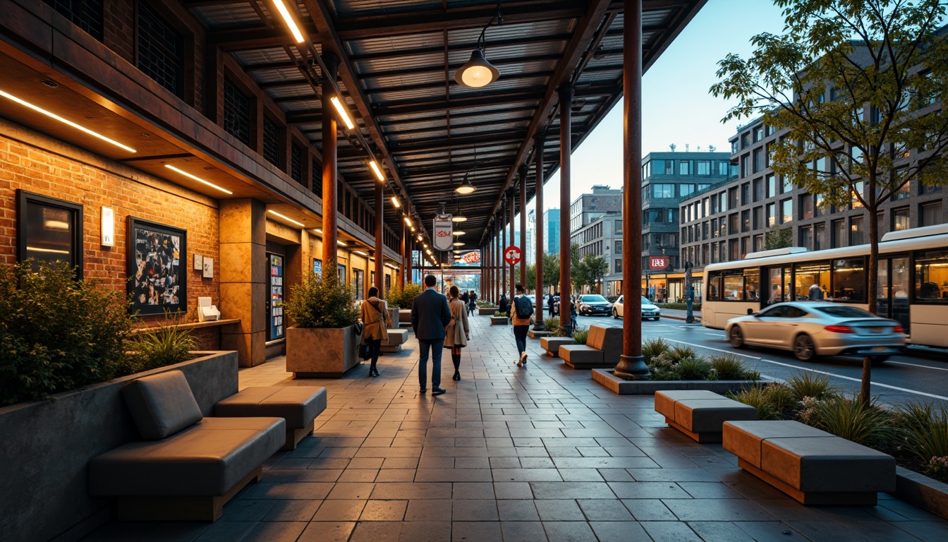 Prompt: Busy urban bus station, industrial atmosphere, exposed brick walls, rough textured surfaces, rusty metal accents, modern minimalist furniture, sleek glass roofs, natural stone flooring, vibrant city lights, rush hour scenes, shallow depth of field, 1/2 composition, realistic ambient occlusion, warm golden lighting, detailed brickwork patterns, geometric tile arrangements, urban landscape views, bustling street scenes.