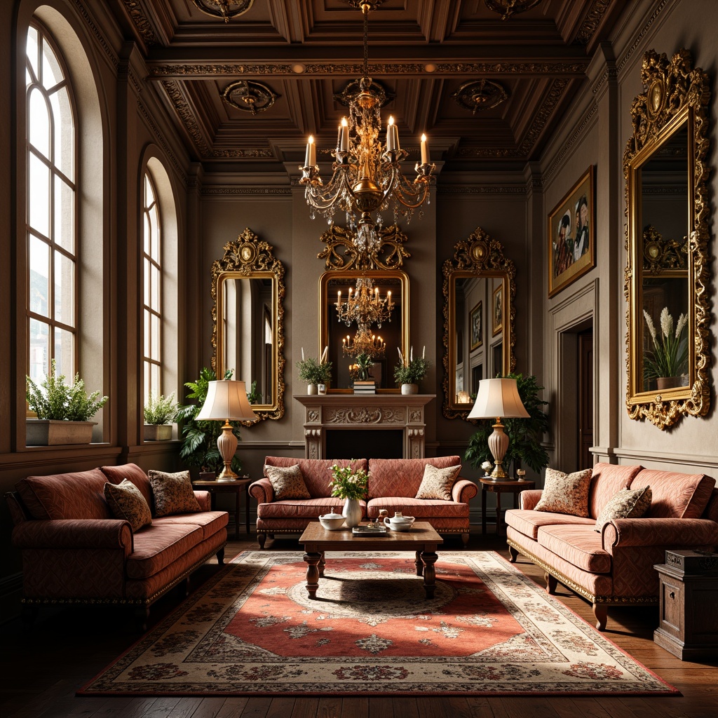 Prompt: Opulent factory interior, Baroque-inspired furniture, ornate wooden carvings, gilded metal accents, velvet upholstered sofas, intricately patterned rugs, lavish chandeliers, grandiose mirrors, richly textured fabrics, warm golden lighting, dramatic shadowing, 1/1 composition, symmetrical framing, highly detailed textures, ambient Occlusion.