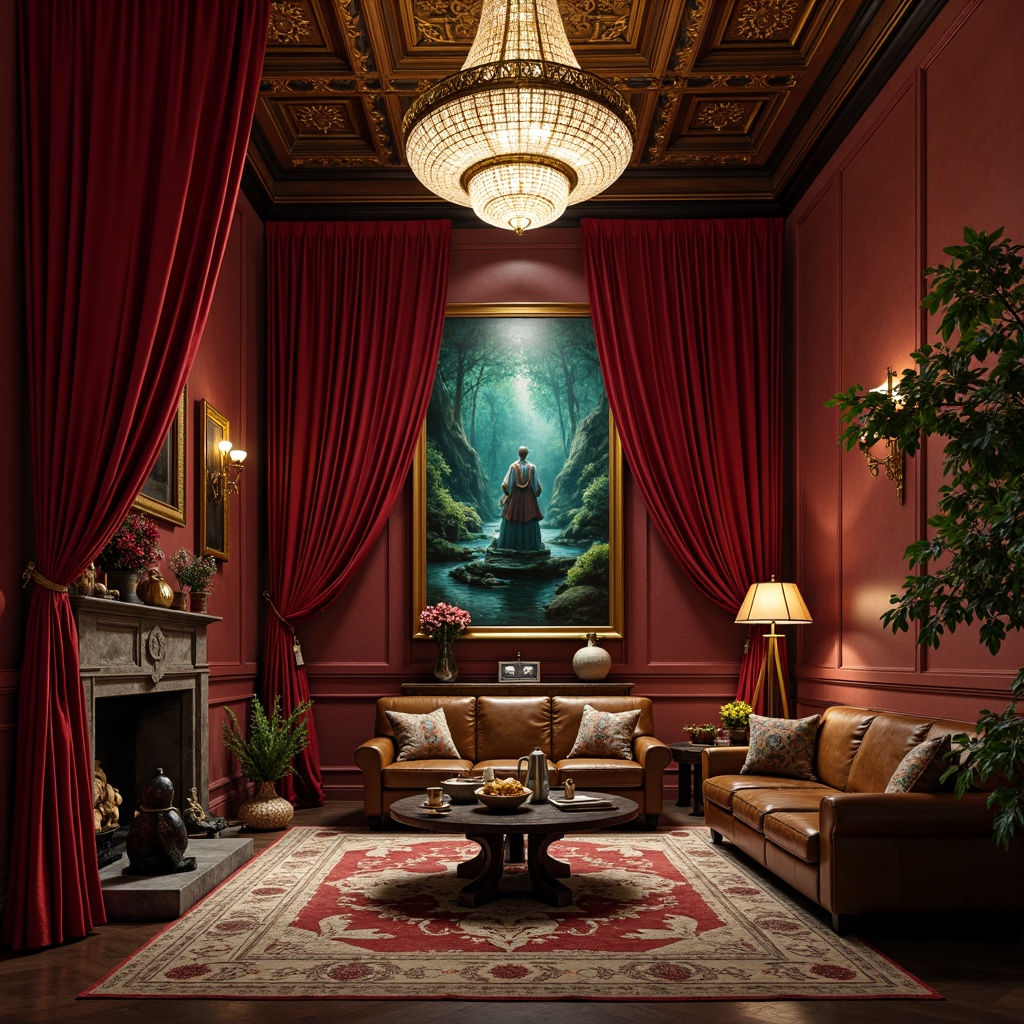 Prompt: Rich velvet drapes, deep crimson walls, bold golden accents, ornate wooden furnishings, distressed leather upholstery, lavish crystal chandeliers, moody dim lighting, eclectic vintage decor, abstract expressionist artwork, dramatic floor-to-ceiling curtains, avant-garde sculptures, luxurious plush rugs, intense turquoise hues, mysterious dark shadows, cinematic atmospheric lighting, 1/1 composition, high contrast ratio, vibrant colorful textures, intricate ornate patterns.