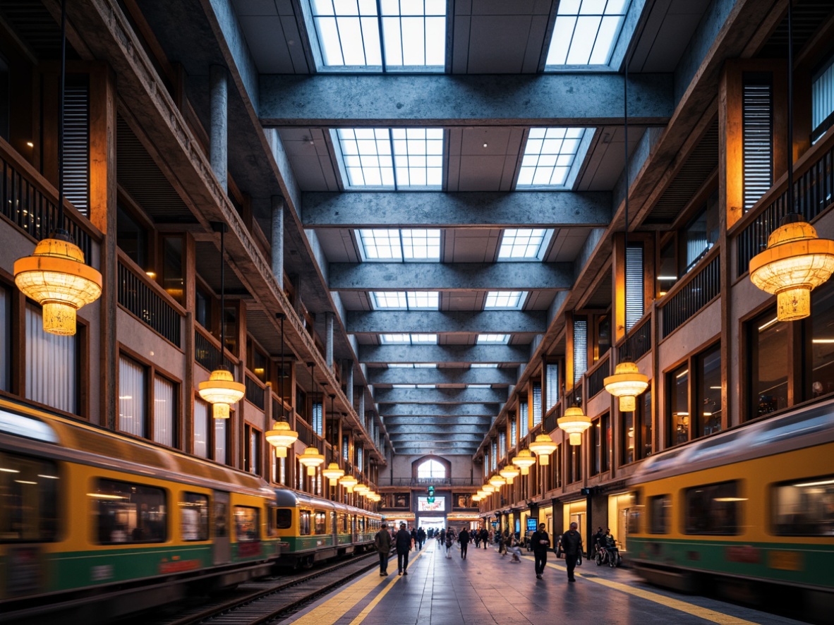 Prompt: Grand train station, high ceilings, elegant chandeliers, warm soft lighting, LED strips, futuristic lamp posts, vibrant color schemes, sleek modern architecture, polished metal accents, glass roofs, natural light pouring in, urban cityscape views, bustling pedestrian traffic, dynamic ambient sounds, shallow depth of field, 3/4 composition, realistic reflections, detailed textures, warm golden hour, dramatic spotlights.