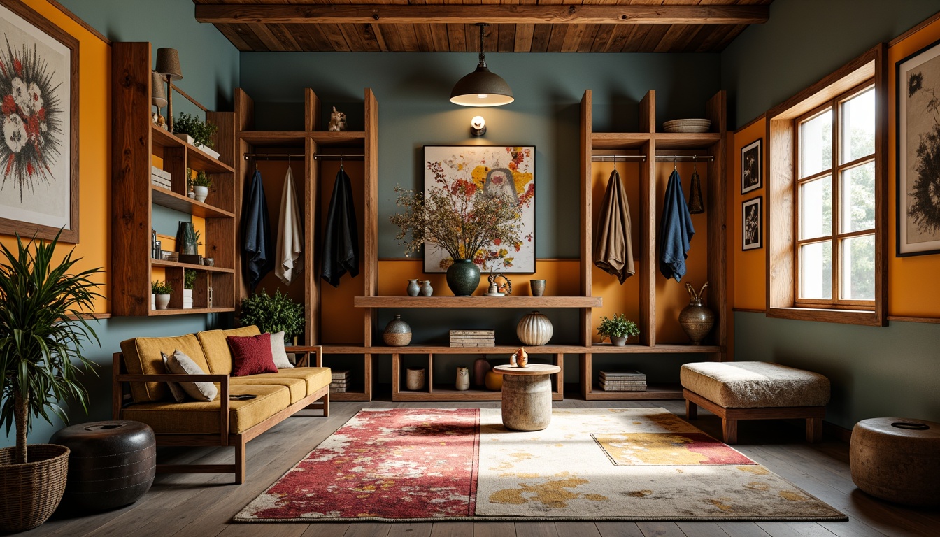 Prompt: Eclectic mudroom, bold color palette, abstract artwork, irregular shapes, unconventional furniture arrangement, oversized rugs, chunky wood accents, industrial metal frames, distressed finishes, vintage decorative pieces, whimsical accessories, statement lighting fixtures, dramatic shadows, low-key warm tones, 1/1 composition, atmospheric perspective, realistic textures, subtle ambient occlusion.