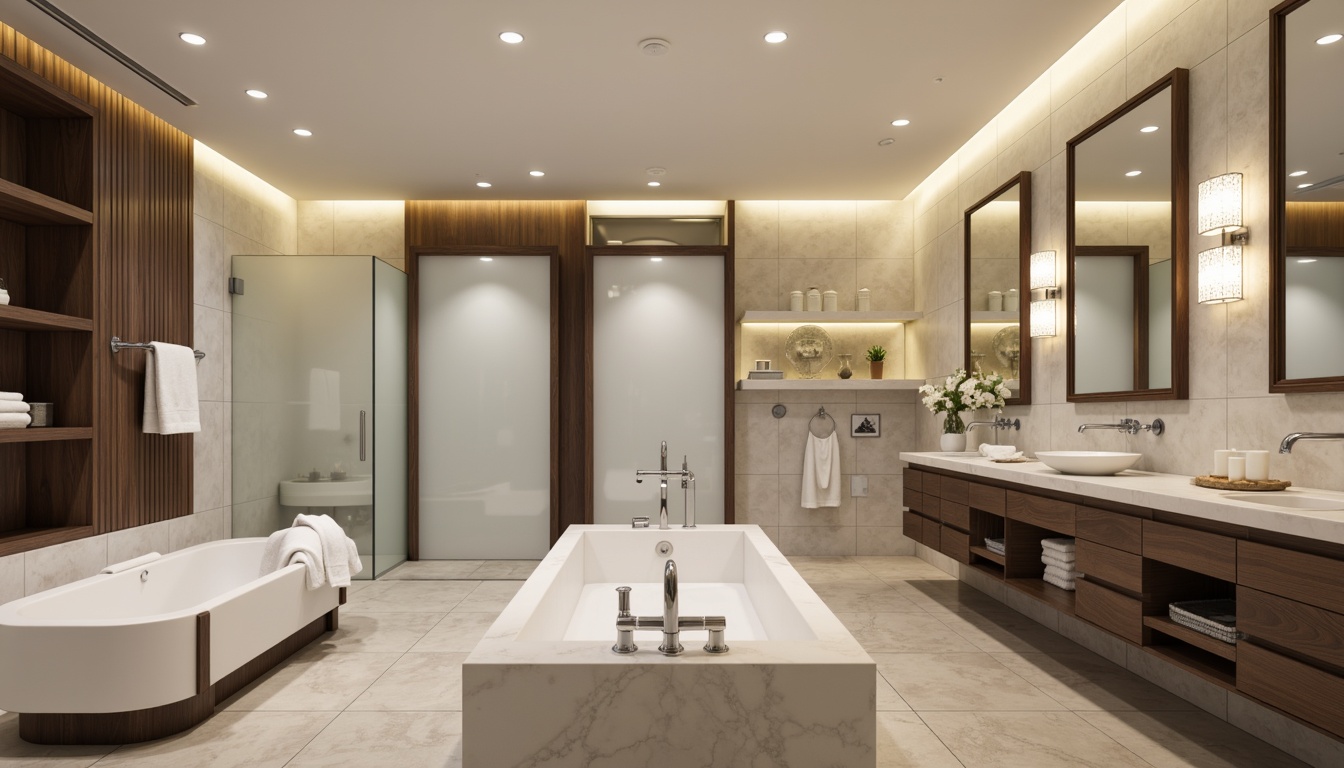 Prompt: Elegant bathroom, soft warm lighting, polished chrome fixtures, crystal glass shades, LED strips, modern sconces, minimalist design, white marble countertops, dark wood cabinets, freestanding tubs, rain showerheads, handheld shower wands, body sprays, frosted glass partitions, natural stone floors, ambient occlusion, 1/1 composition, softbox lighting, warm color temperature.