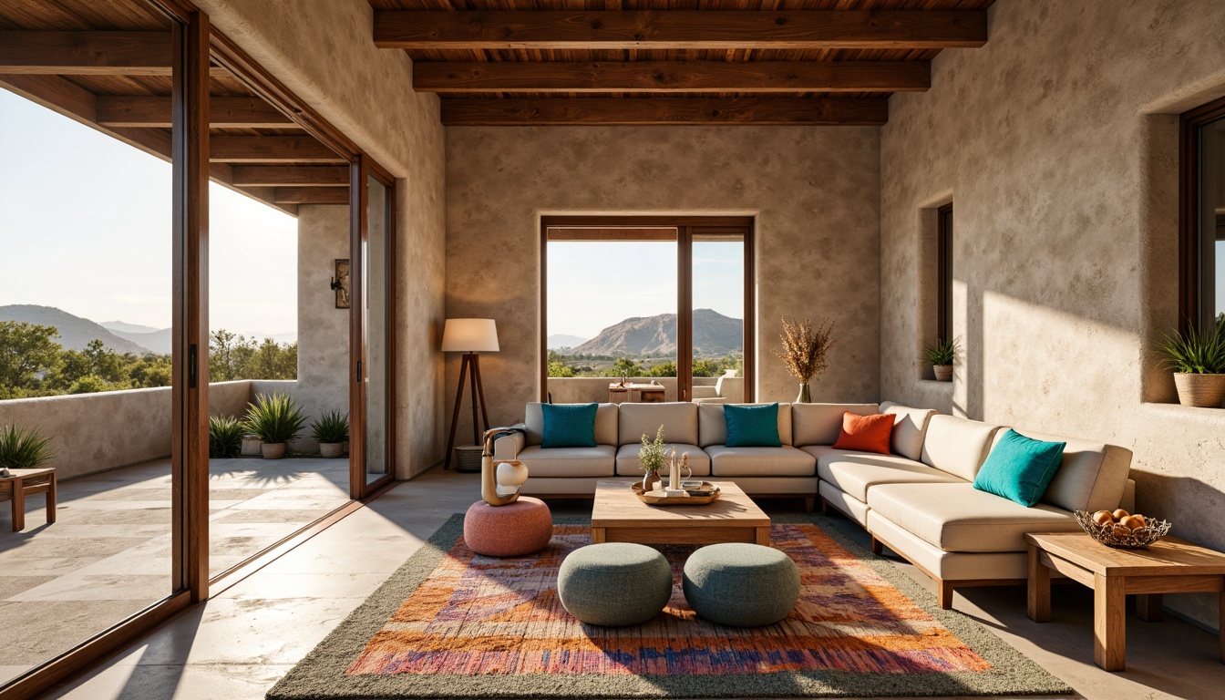 Prompt: \Southwestern style apartment, textured stucco walls, earthy color palette, warm beige tones, natural stone accents, wooden beams, rustic wooden furniture, colorful woven textiles, vibrant turquoise hues, desert landscape views, large windows, sliding glass doors, cozy reading nooks, comfortable sectional sofas, modern minimalist decor, ambient warm lighting, shallow depth of field, 1/1 composition, realistic textures, soft focus, sunny day.\