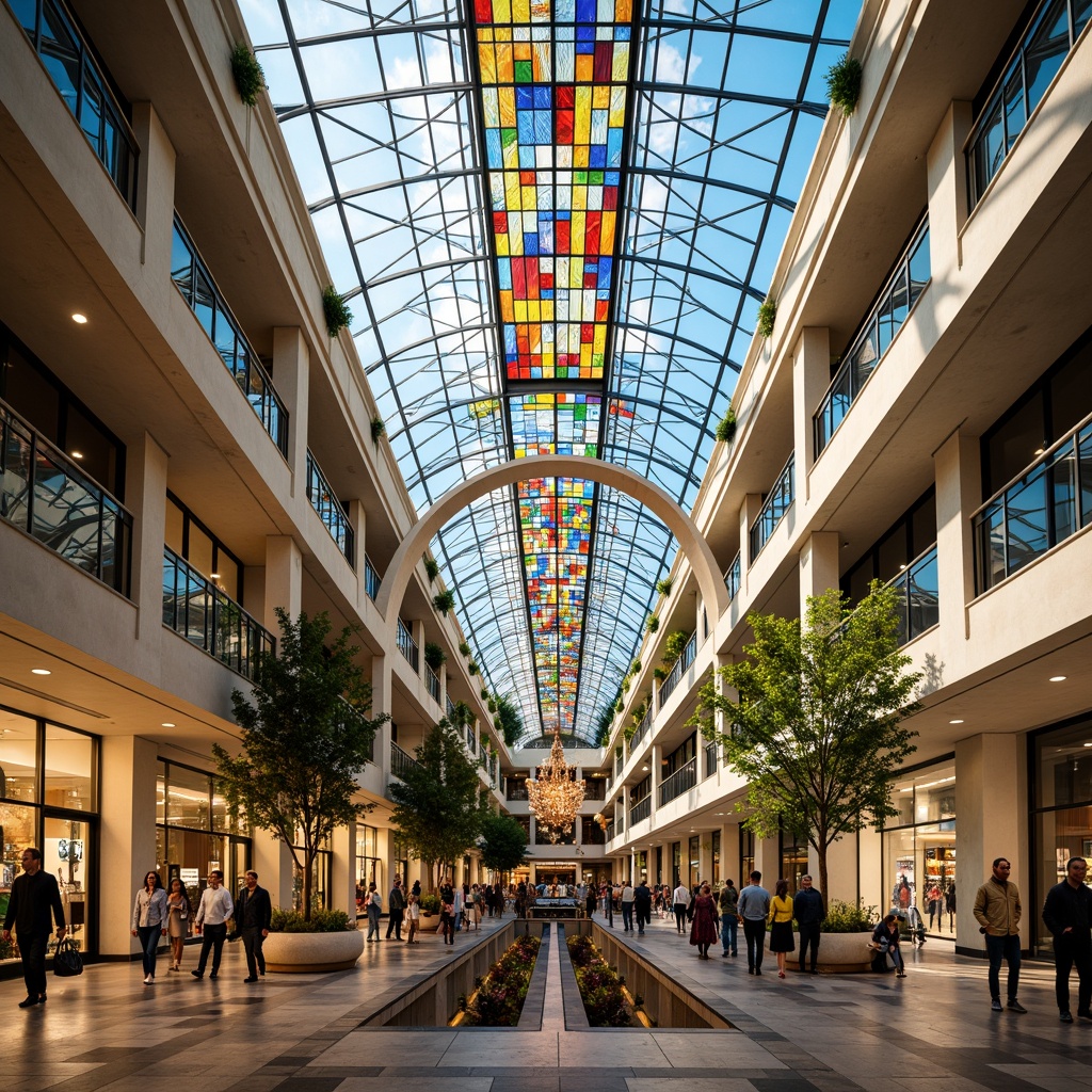 Prompt: Vibrant shopping mall interior, stained glass ceiling, colorful light refractions, intricate glass patterns, modern architectural design, spacious atrium, natural light pouring in, luxurious chandeliers, polished marble floors, upscale retail stores, elegant escalators, bustling crowd, warm ambiance, soft focus, shallow depth of field, 1/2 composition, symmetrical framing, vivid textures, ambient occlusion.