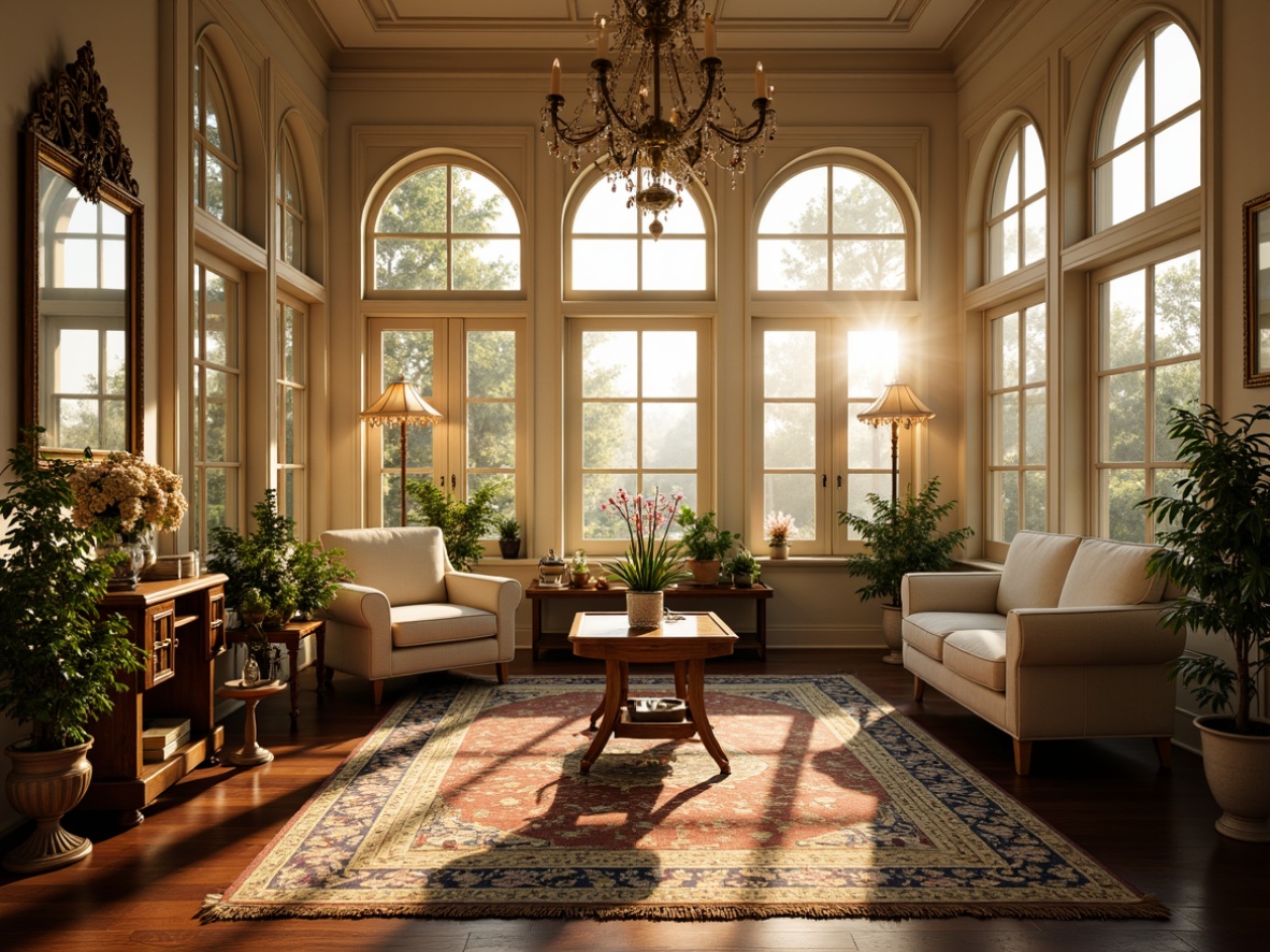 Prompt: Ornate sunroom, lavish furnishings, intricately patterned rugs, gilded frames, ornamental mirrors, crystal chandeliers, soft warm glow, golden lighting, delicate silhouettes, refined elegance, luxurious ambiance, afternoon sunbeams, subtle shading, creamy whites, rich wood tones, velvety textures, subtle sparkles, 1/1 composition, intimate atmosphere, realistic reflections, ambient occlusion.