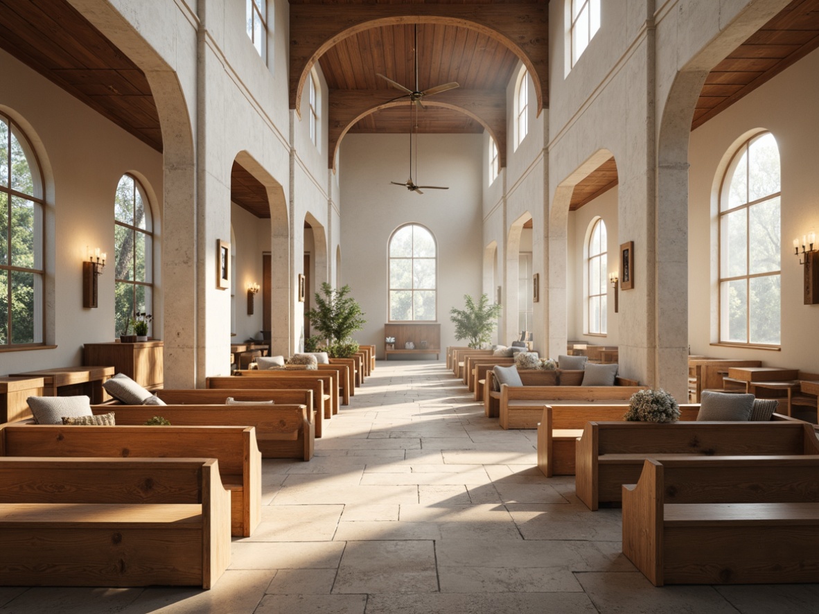 Prompt: Serene Nordic churches, white washed stone fa\u00e7ades, wooden accents, natural light pouring through clerestory windows, earthy tones of terracotta, warm beige stone floors, vaulted ceilings, subtle cream hues, soft candlelight, calming atmosphere, minimalist decor, Nordic folk patterns, traditional Scandinavian textiles, rustic wooden benches, stained glass windows, serene forest surroundings, misty mornings, gentle fog, soft golden lighting, 1/1 composition, realistic wood textures, ambient occlusion.