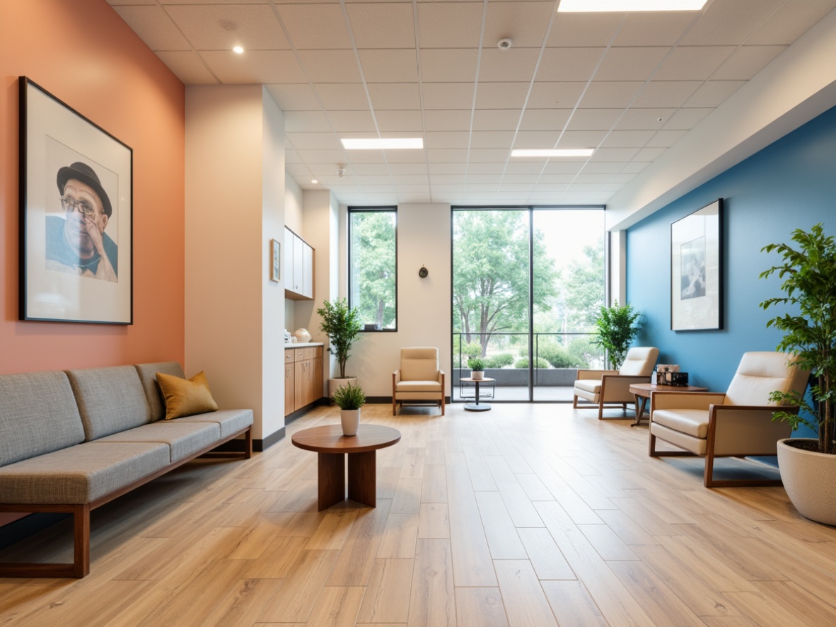 Prompt: Soft peach walls, calming blue accents, neutral beige floors, natural wood tones, warm earthy colors, minimalist decor, clean lines, sterile white surfaces, stainless steel equipment, modern medical furniture, comfortable patient seating, soothing ambient lighting, subtle texture variations, shallow depth of field, 1/2 composition, realistic render, vibrant greenery, airy waiting areas, calming art pieces.