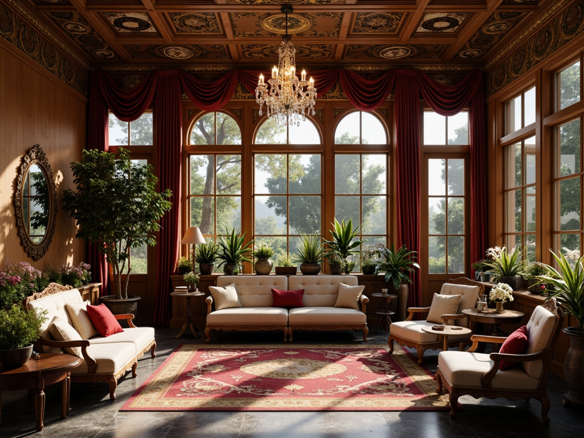 Prompt: Ornate sunroom, lavish furnishings, intricately carved wooden panels, gilded accents, velvety drapes, richly patterned rugs, ornamental mirrors, crystal chandeliers, marble floors, subtle warm lighting, soft focus, shallow depth of field, 1/2 composition, intimate atmosphere, luxurious textiles, bold color contrasts, eclectic decorative elements, Baroque-inspired details, grandiose architectural features.