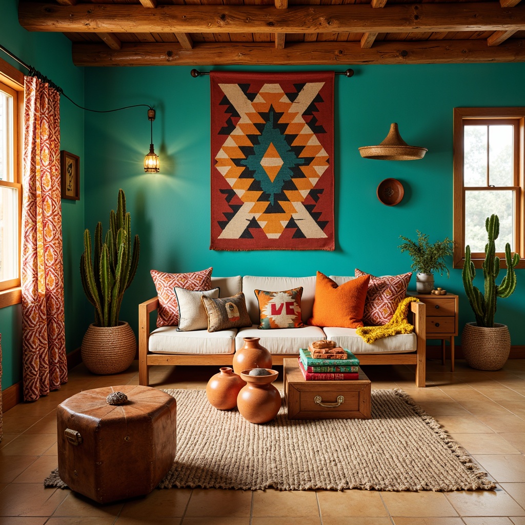 Prompt: Vibrant turquoise walls, rustic wooden furniture, woven Navajo-inspired rug, plush cactus-shaped pillows, colorful pottery vases, hand-carved wooden toy boxes, distressed leather ottoman, Southwestern-patterned curtains, warm sandy beige floor, natural stone accents, earthy terracotta pots, lively pi\u00f1ata decorations, festive sombrero-shaped lamps, cozy reading nook, 3/4 composition, shallow depth of field, warm golden lighting, realistic textures.