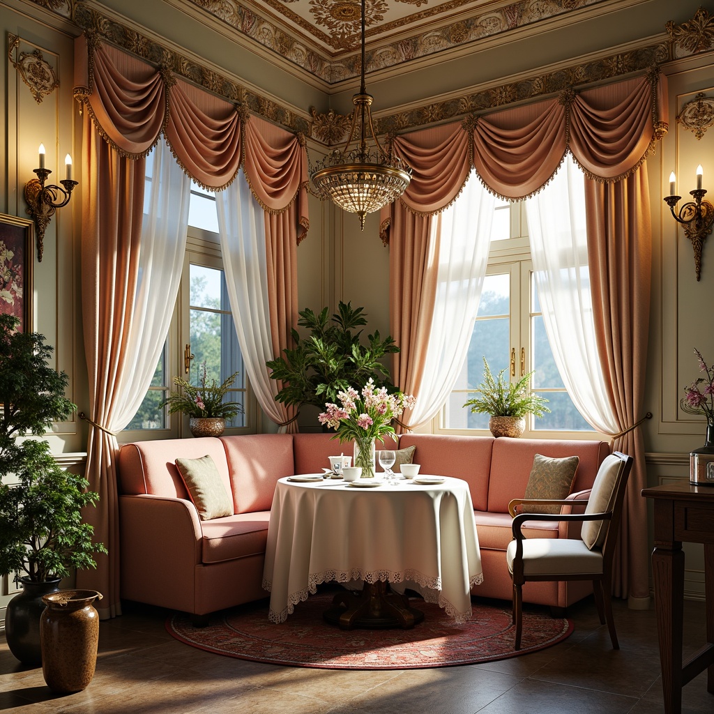 Prompt: Richly ornamented breakfast nook, delicate florals, soft pastel hues, intricate carvings, curved lines, ornate furniture, velvet upholstery, golden accents, lace trimmings, satin fabrics, subtle sheen, warm candlelight, intimate setting, French Renaissance-inspired decor, elegant chandeliers, natural stone floors, plush area rugs, fresh flower arrangements, delicate china, sparkling crystalware, gentle morning light, shallow depth of field, 1/1 composition, realistic textures, ambient occlusion.