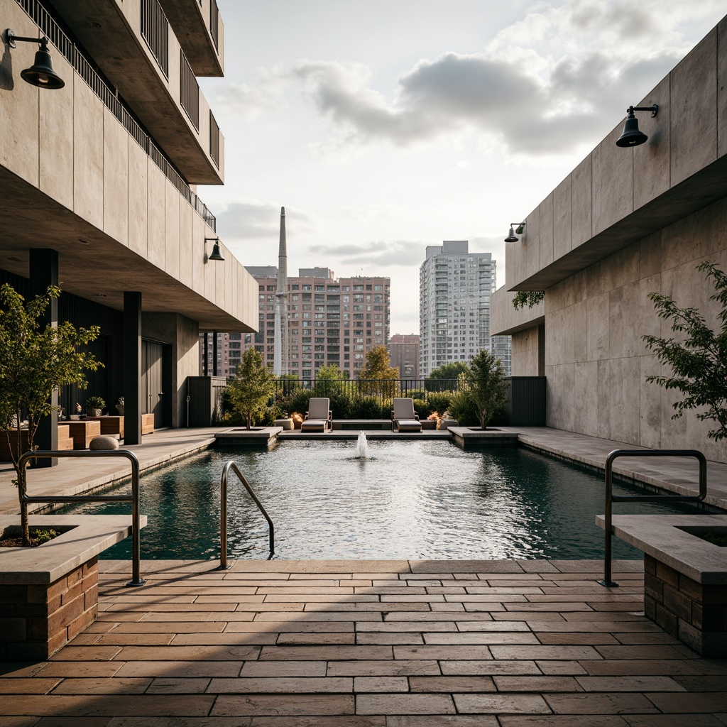 Prompt: Rustic industrial pool deck, distressed wood planks, metallic railings, concrete coping stones, urban cityscape background, cloudy grey skies, warm sunny lighting, shallow depth of field, 1/2 composition, symmetrical architecture, modern minimalist design, functional pipe handrails, exposed ductwork, industrial-style lanterns, neutral color palette, weathered steel accents, rough-textured concrete walls, water feature with fountain jets, ambient misting system, realistic rust textures.