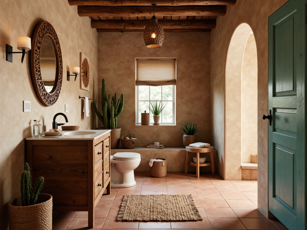 Prompt: \Southwestern-inspired powder room, terracotta flooring, adobe-style walls, turquoise accents, woven textiles, natural fiber rugs, rustic wooden vanity, pendant lighting, earthy color palette, desert botanicals, cacti decorations, warm beige tones, soft warm lighting, shallow depth of field, 1/2 composition, intimate atmosphere, realistic textures, ambient occlusion.\Let me know if you need any adjustments or changes!