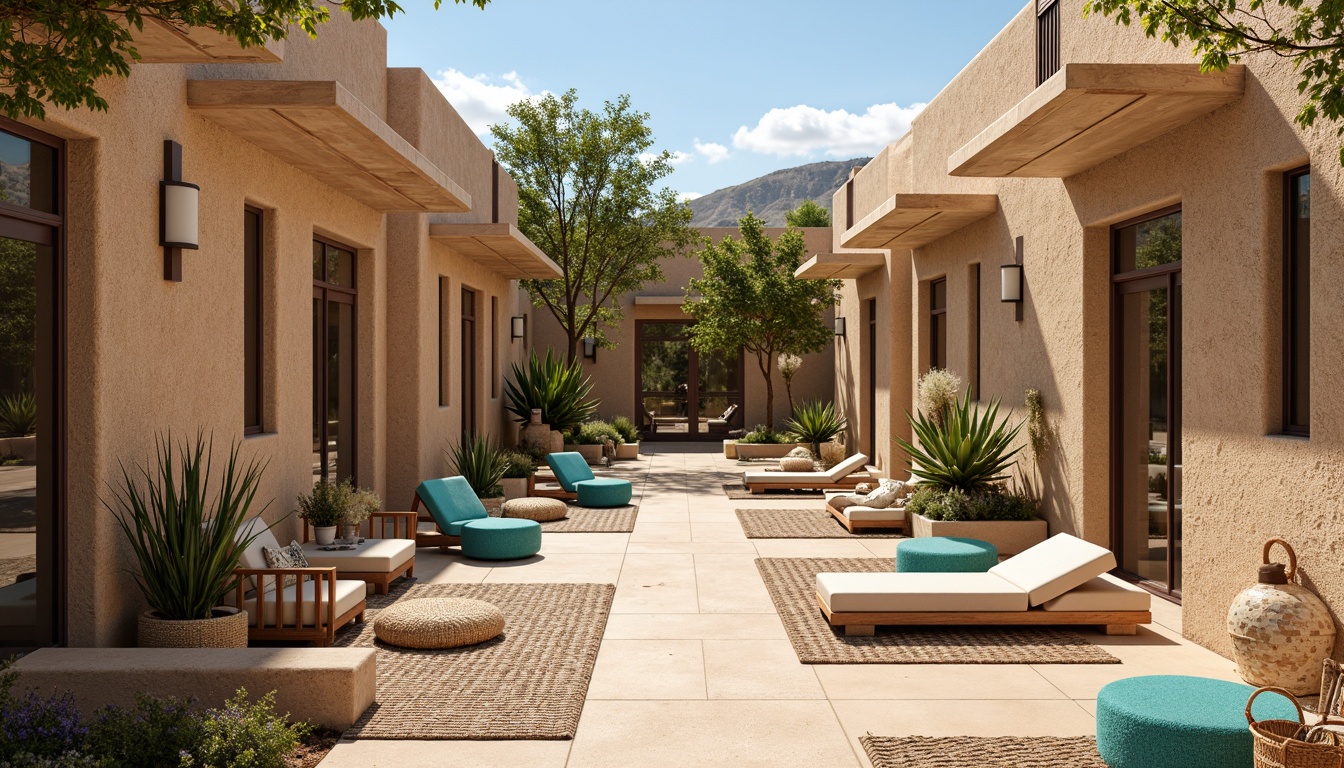 Prompt: Earth-toned adobe apartments, textured walls, rustic wooden accents, vibrant turquoise decorative elements, southwestern patterned rugs, woven baskets, natural fiber upholstery, warm beige stucco exterior, lush green cacti, desert landscape, bright sunny day, clear blue sky, large windows, sliding glass doors, cozy interior courtyard, soft warm lighting, shallow depth of field, 3/4 composition, realistic textures, ambient occlusion.