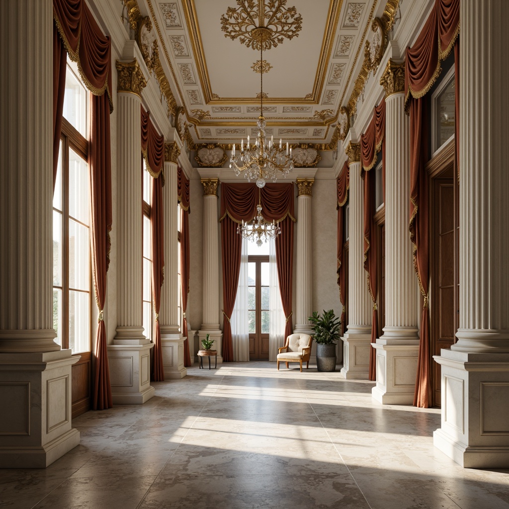 Prompt: Grandiose neoclassical mansion, ornate columns, intricately carved facades, marble floors, velvet drapes, gilded frames, crystal chandeliers, rich wood paneling, stucco walls, subtle texture contrasts, juxtaposed smooth and rough surfaces, warm beige tones, cool grey undertones, soft natural light, subtle shadows, 1/2 composition, symmetrical arrangement, classical proportions, ornate moldings, subtle color gradations.