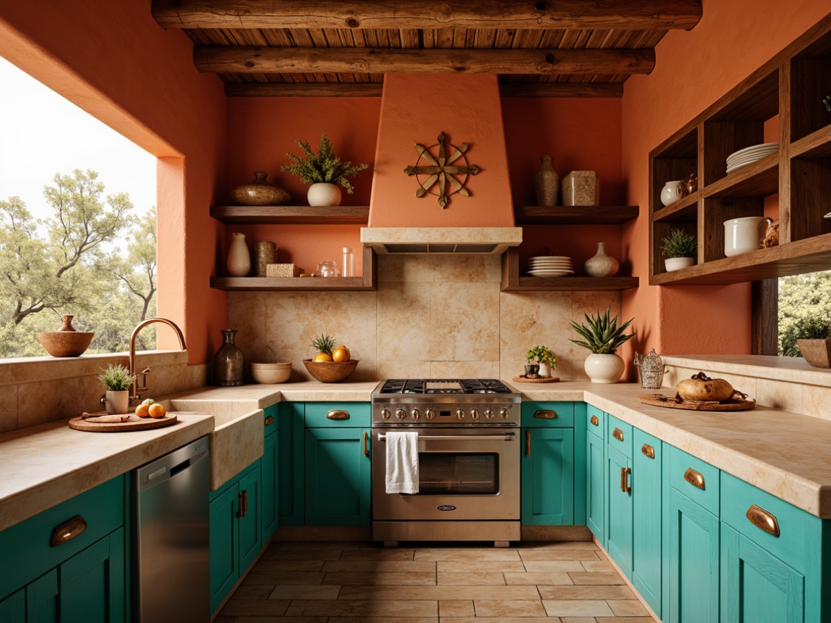 Prompt: Earthy Southwestern kitchen, warm terracotta walls, rustic wooden cabinets, vibrant turquoise accents, sandy beige countertops, weathered copper hardware, distressed wood flooring, natural stone backsplash, desert-inspired color palette, warm golden lighting, soft shadows, shallow depth of field, 1/2 composition, realistic textures, ambient occlusion.