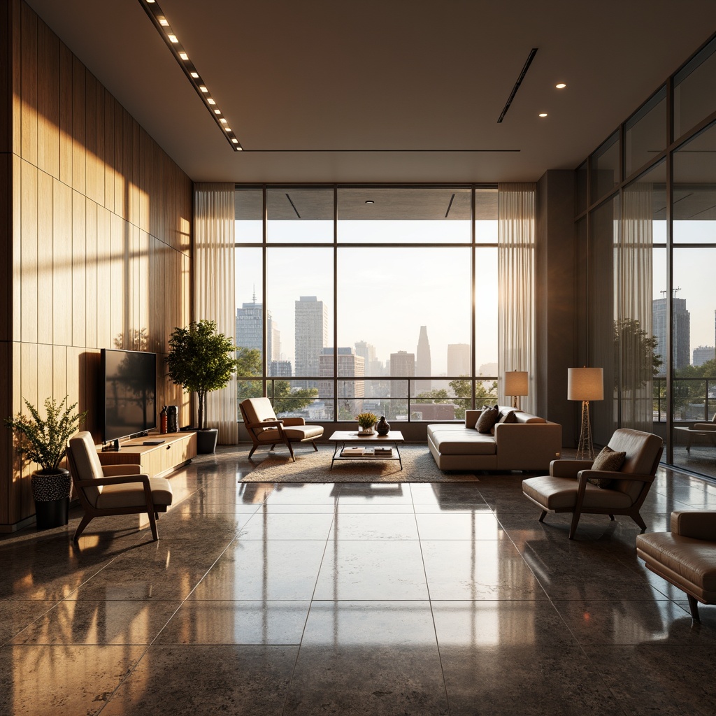 Prompt: Glossy porcelain tiles, geometric patterns, soft warm lighting, minimalist decor, sleek modern furniture, streamlined shapes, metallic accents, luxurious textiles, bold color schemes, statement walls, floor-to-ceiling windows, urban city views, morning sunlight, shallow depth of field, 3/4 composition, panoramic view, realistic textures, ambient occlusion.