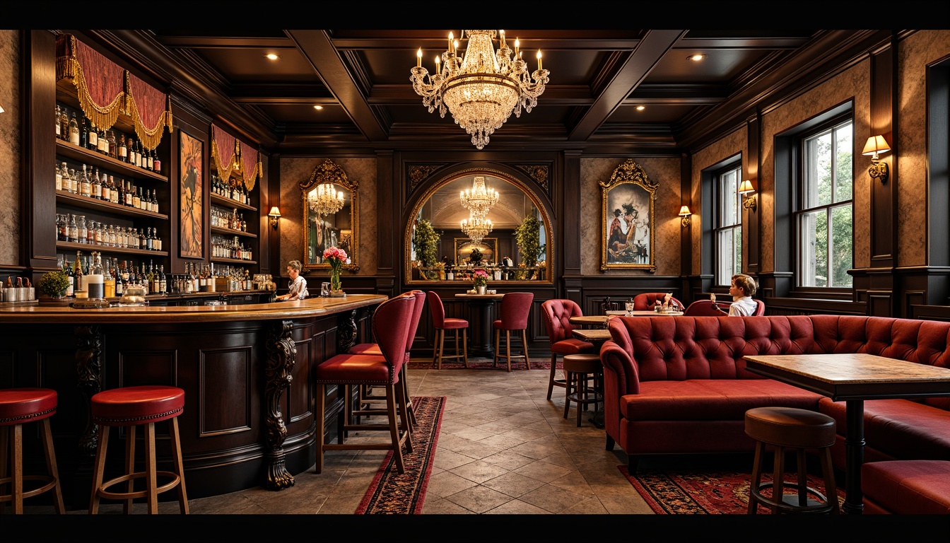 Prompt: Richly ornamented pub interior, dark wooden furniture, intricately carved bar counters, velvet upholstered stools, golden accents, crystal chandeliers, ornate mirrors, luxurious fabrics, tufted sofas, wooden paneling, rustic stone walls, dim warm lighting, soft focus, 1/2 composition, realistic textures, ambient occlusion.