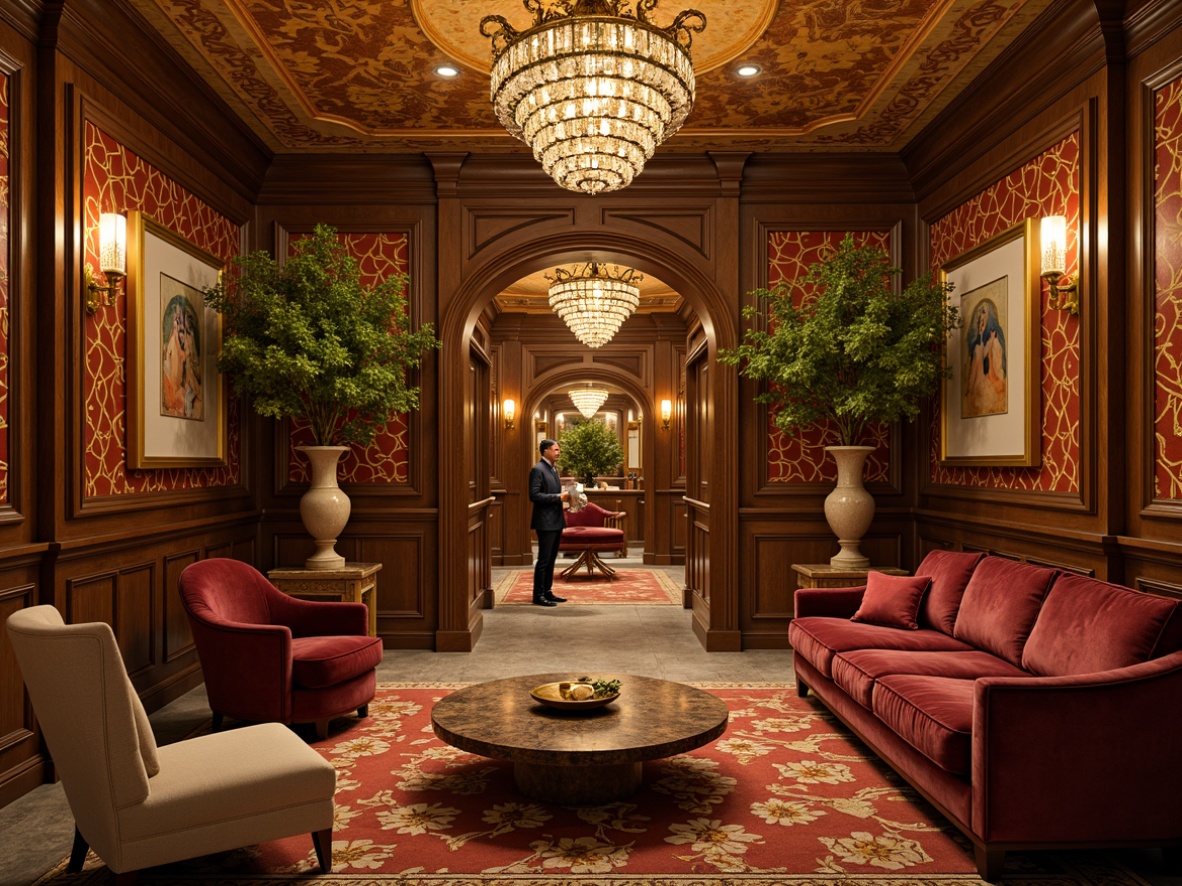 Prompt: Luxurious basement, Art Nouveau stylings, ornate ironwork, flowing organic patterns, velvety soft furnishings, rich wood paneling, intricate moldings, warm golden lighting, lavish textiles, beaded chandeliers, natural stone walls, decorative ceramics, curvaceous lines, elegant archways, ambient shadows, 1/1 composition, high contrast ratio, warm color palette.