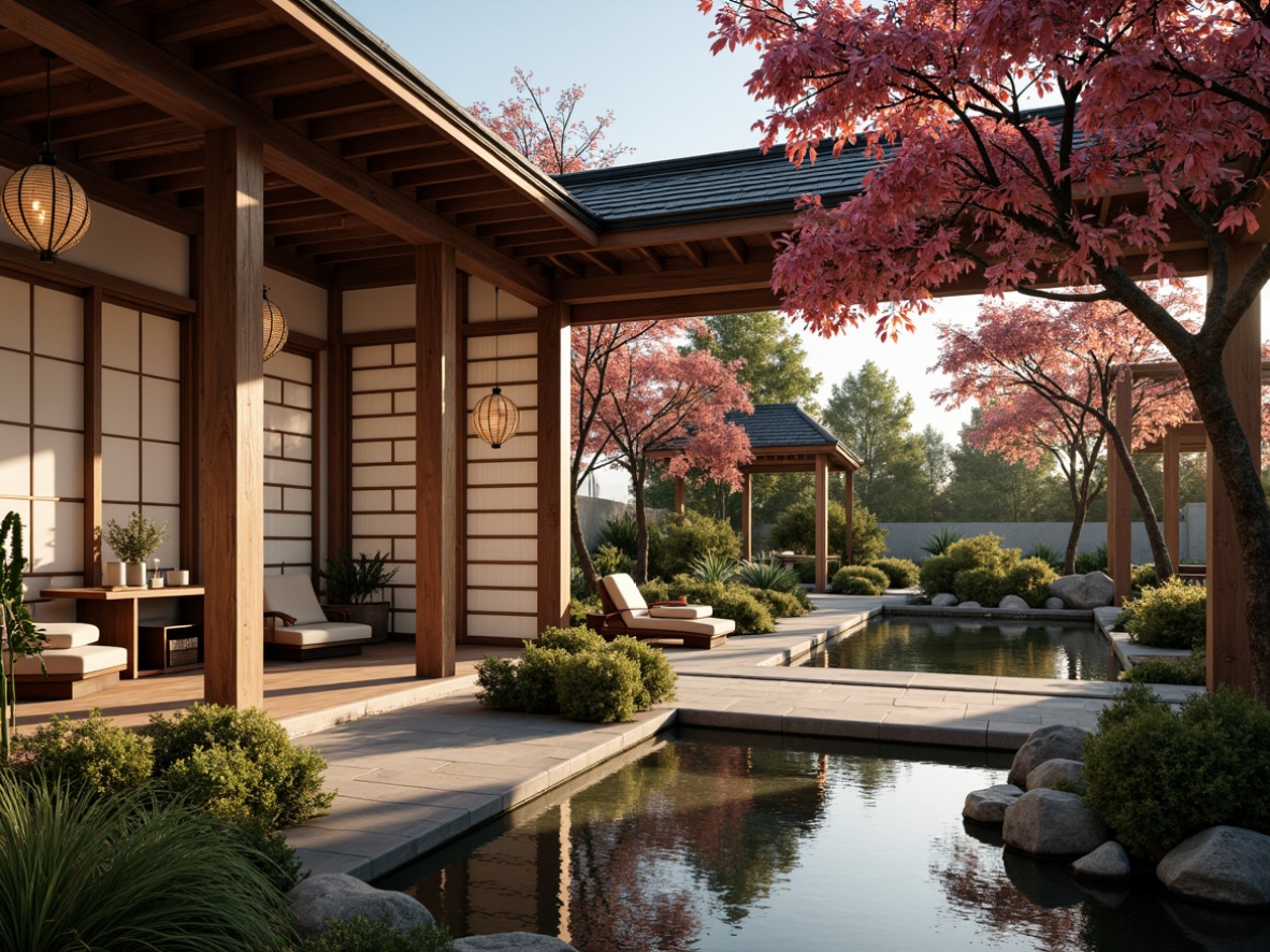 Prompt: Intricate wooden carvings, ornate lanterns, delicate cherry blossom patterns, traditional Japanese tatami mats, shoji screens, sliding doors, natural stone walls, tranquil water features, serene gardens, lush greenery, vibrant koi fish, elegant bonsai trees, warm soft lighting, shallow depth of field, 1/1 composition, realistic textures, ambient occlusion.