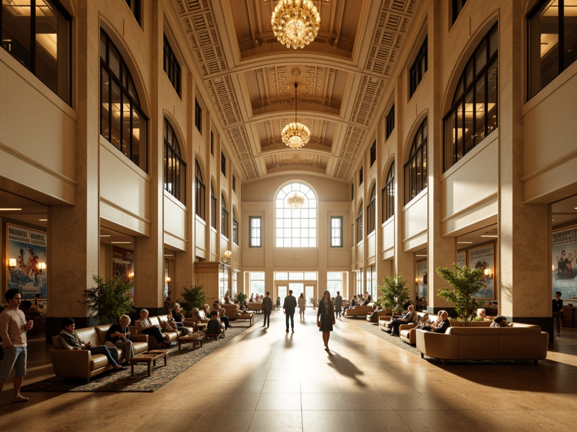 Prompt: Grand airport terminal, high ceilings, ornate archways, classic columns, elegant chandeliers, polished marble floors, intricate moldings, luxurious waiting lounges, comfortable seating areas, vintage luggage carts, nostalgic travel posters, warm beige colors, soft golden lighting, shallow depth of field, 1/1 composition, symmetrical framing, realistic textures, ambient occlusion.