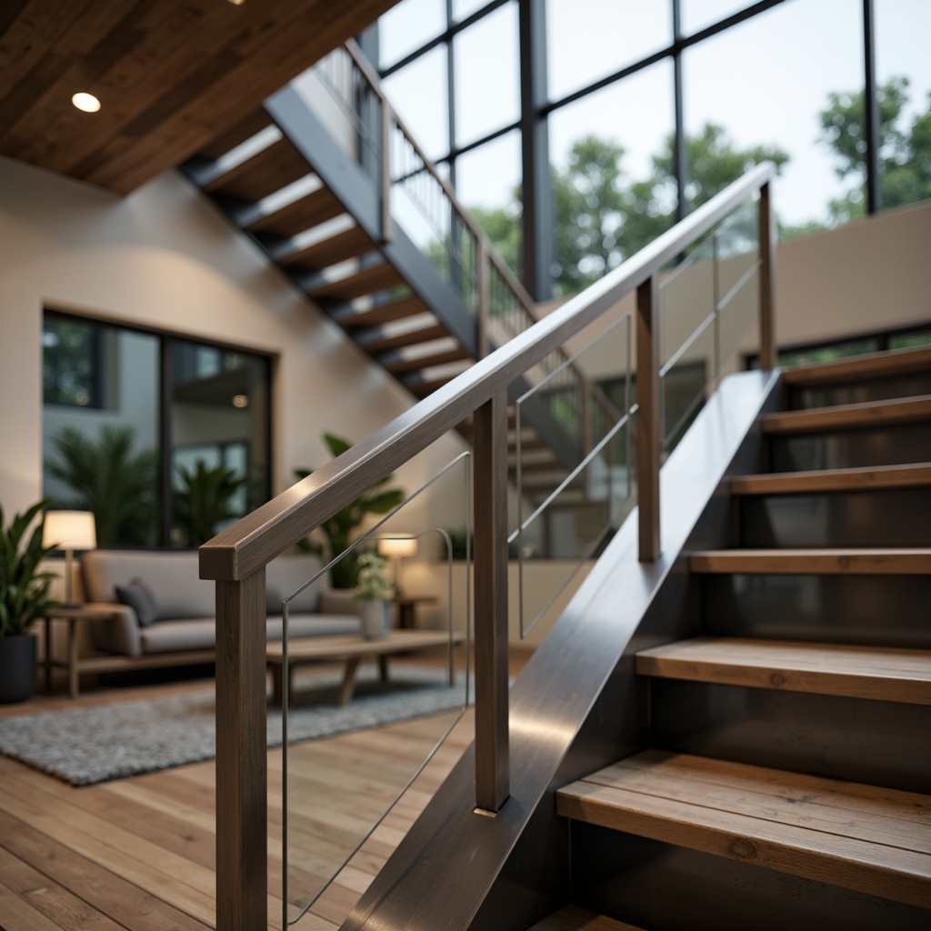 Prompt: Sleek handrail design, minimalist profile, brushed metal finish, subtle LED lighting, geometric patterns, modern staircase architecture, floating steps, open risers, low-profile balusters, wooden or glass stair treads, stainless steel or aluminum railings, industrial chic aesthetic, urban loft atmosphere, high-ceiling space, natural light pouring in, 1/1 composition, shallow depth of field, realistic reflections.