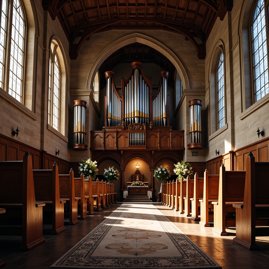 Prompt: Traditional church interior, wooden pews with ornate carvings, rich dark wood tones, polished surfaces, soft cushions, aisle runners, stained glass windows, vaulted ceilings, grand organ pipes, warm natural lighting, serene atmosphere, calm ambiance, symmetrical composition, central nave, ornate altar, intricate stone carvings, rustic textures, subtle shadows, realistic render.