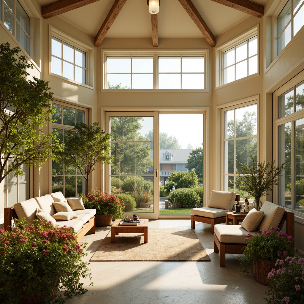 Prompt: Vibrant sunroom, natural light, warm beige walls, soft creamy furniture, lush greenery, blooming flowers, wooden accents, rustic textures, earthy tones, calming atmosphere, serene ambiance, bright skylights, sliding glass doors, panoramic views, morning sunlight, gentle shadows, 3/4 composition, realistic rendering, ambient occlusion.