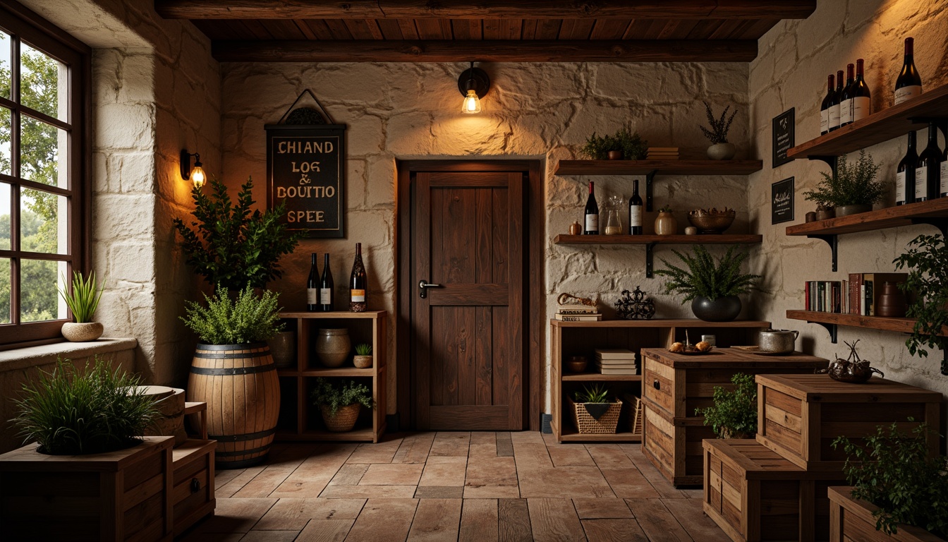 Prompt: Rustic wooden crates, earthy stone walls, wrought iron accents, dim warm lighting, rich wood tones, oak barrels, vintage wine bottles, leather-bound tomes, natural fiber textiles, distressed metal signs, reclaimed wood shelves, artisanal decorative elements, soft golden illumination, cozy intimate atmosphere, 1/1 composition, shallow depth of field, realistic textures.