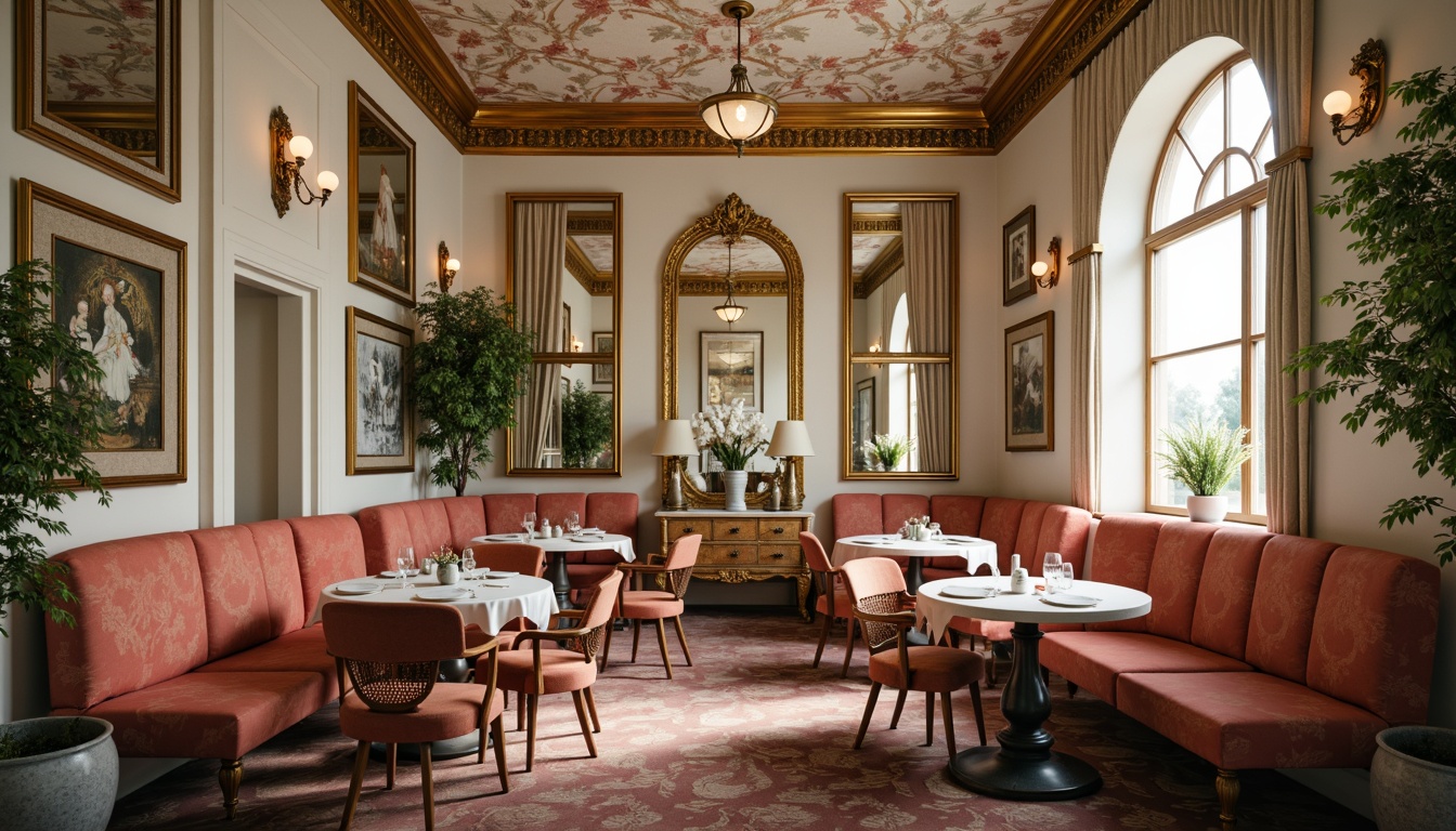 Prompt: Ornate breakfast nook, curved lines, gilded accents, velvet upholstery, intricately carved wooden chairs, delicate porcelain vases, ornamental mirrors, soft warm lighting, pastel color palette, floral patterns, luxurious fabrics, antique bronze fixtures, elegant cabinetry, refined architectural details, 1/2 composition, shallow depth of field, soft focus effect.