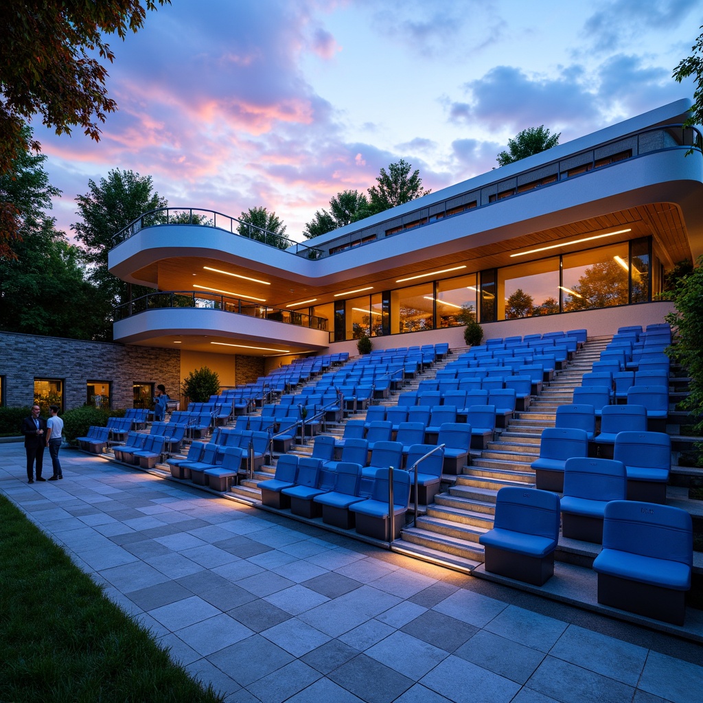 Prompt: Vibrant outdoor amphitheater, sleek modern architecture, bold color scheme, gradient blue seats, silver metal railings, polished concrete floors, dynamic LED lighting, warm sunset ambiance, atmospheric fog effects, shallow depth of field, 1/1 composition, realistic textures, ambient occlusion, lush greenery surroundings, natural stone walls, wooden accents, minimalist design elements.